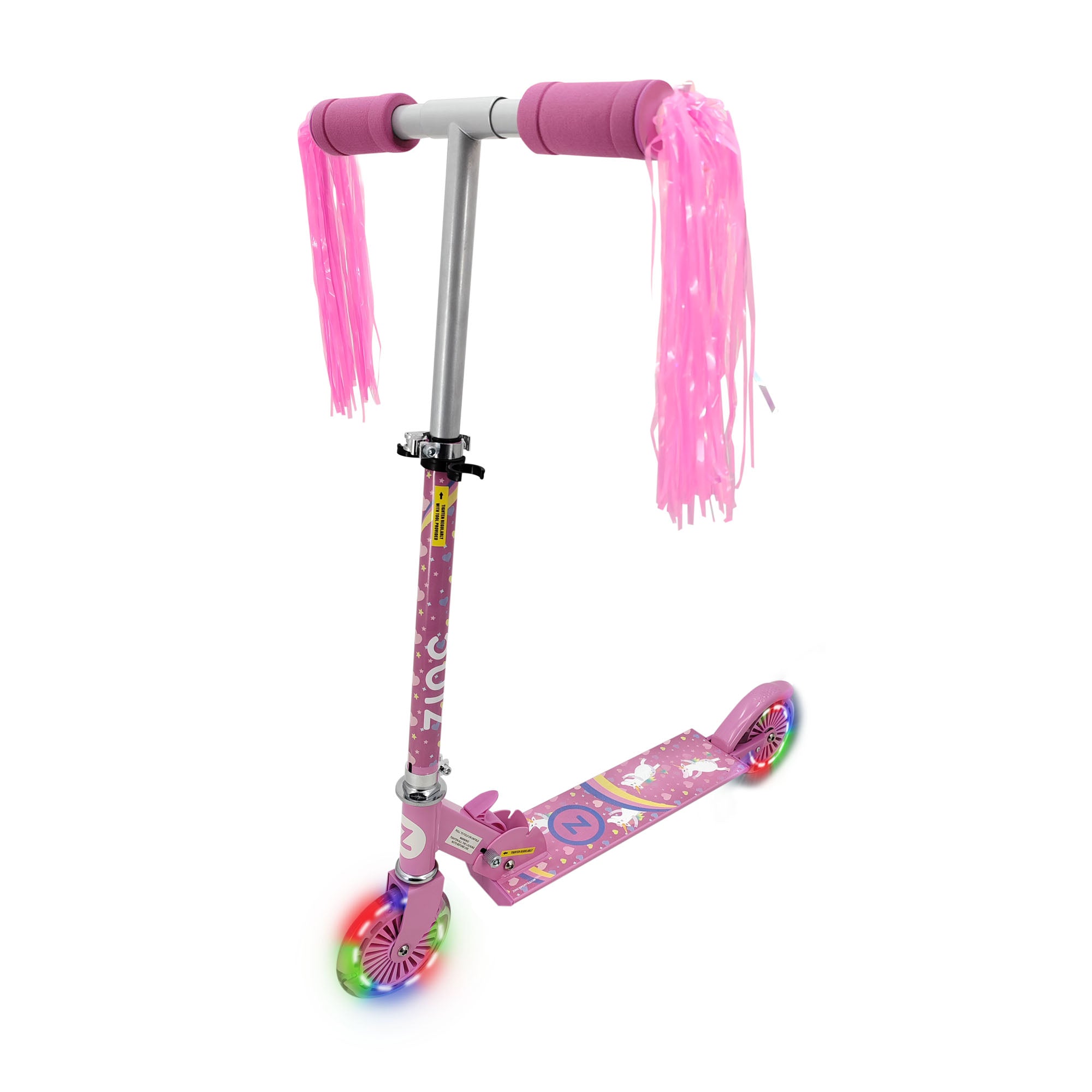 Zinc Unicorn folding two wheeled scooter with tassels, light up wheels, and magical unicorn design for children
