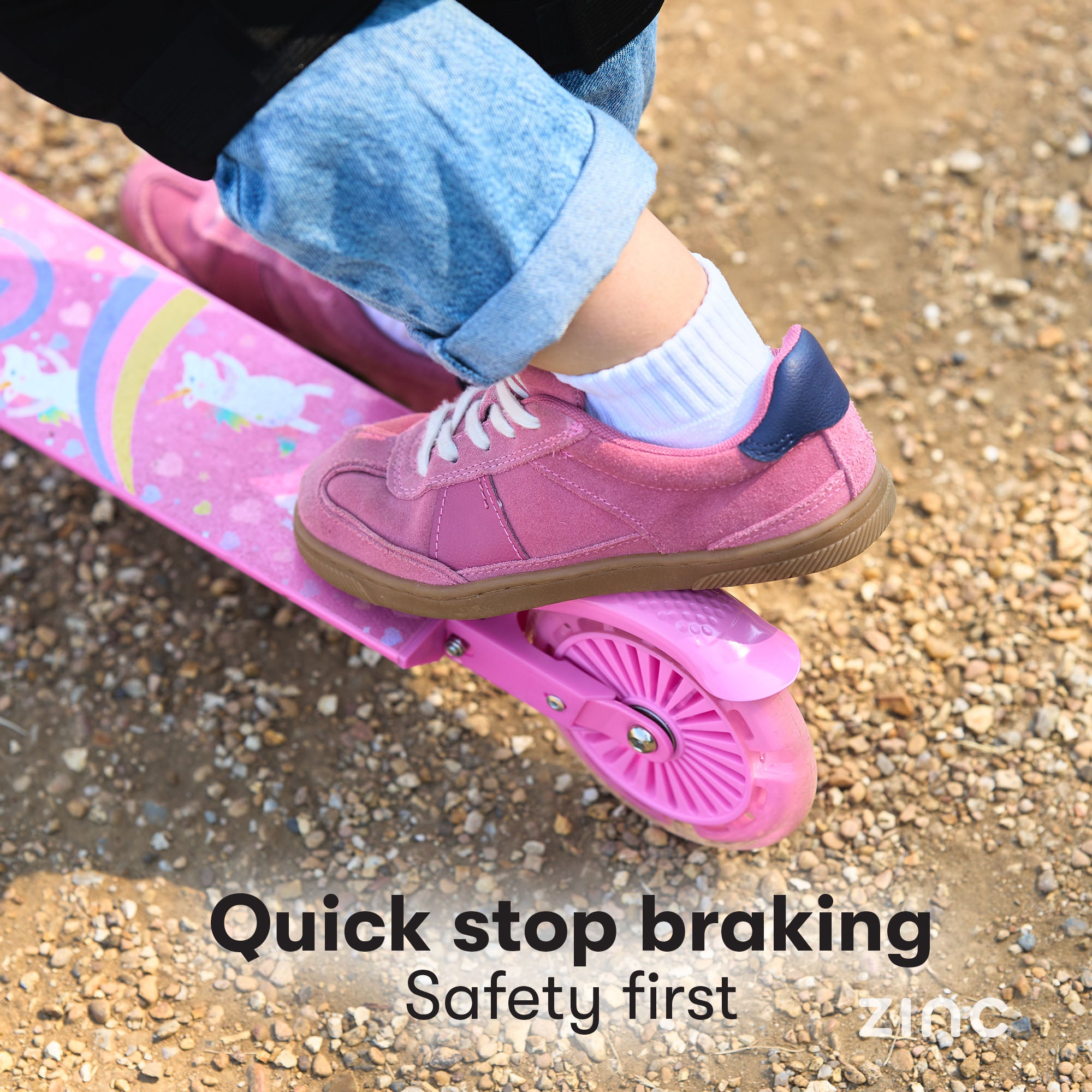 Easy-to-use rear footbrake on unicorn folding scooter ensuring safe stops during magical adventures