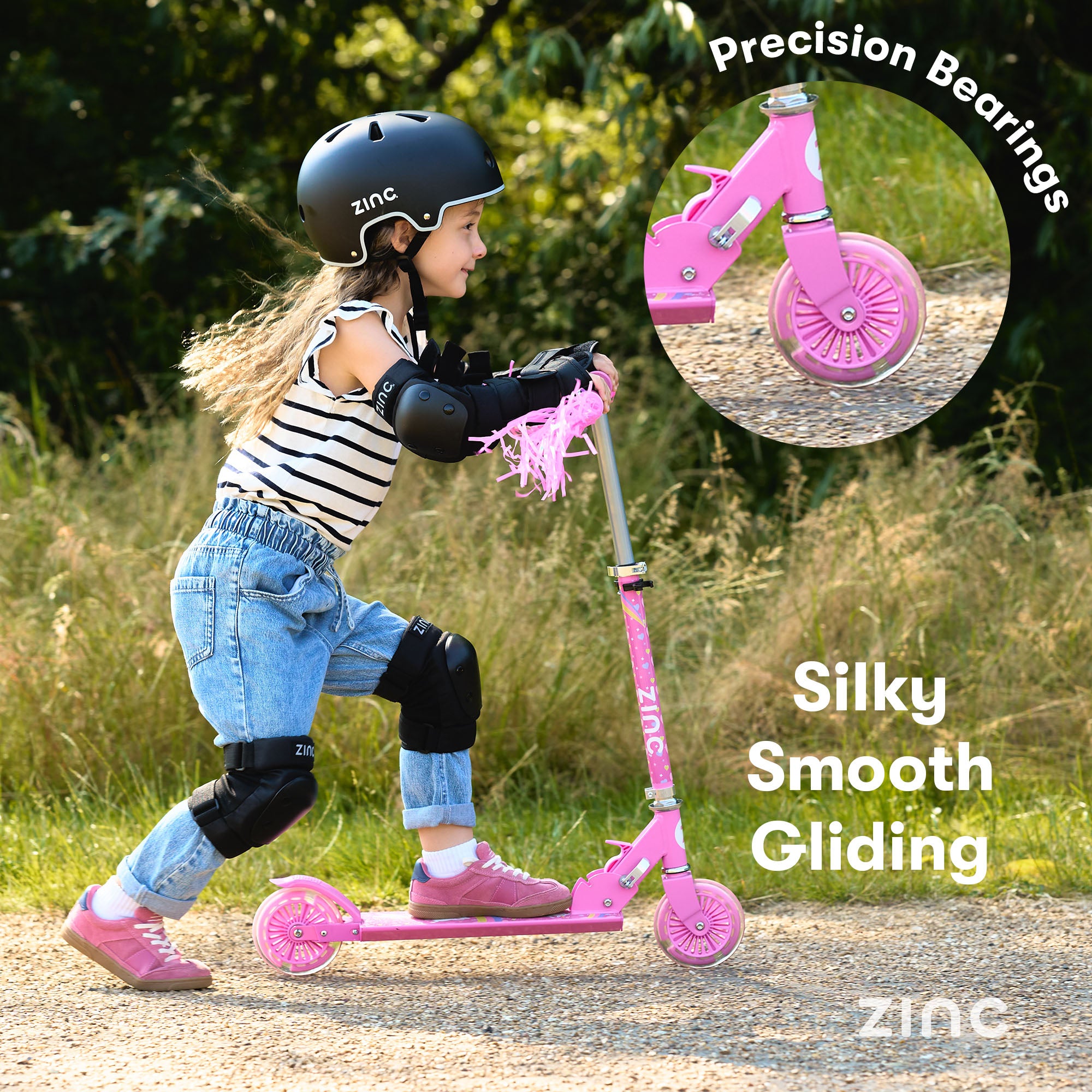 Child riding magical unicorn scooter with light up wheels and flowing tassels for enchanting fun