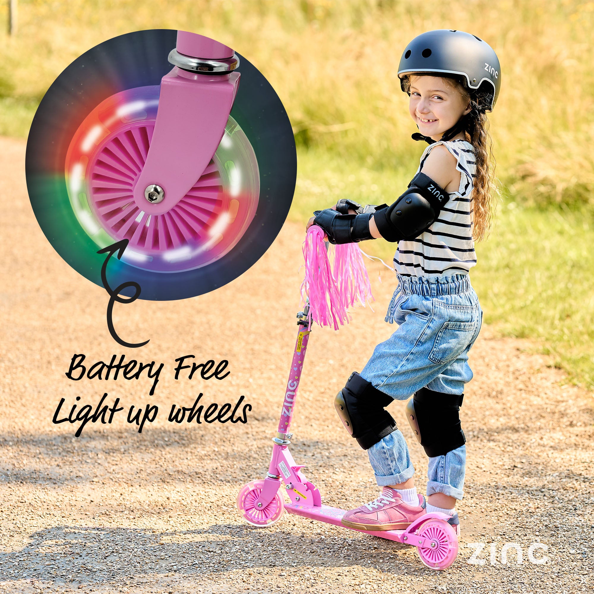 Battery-free light up wheels on unicorn scooter creating magical illumination effects while riding