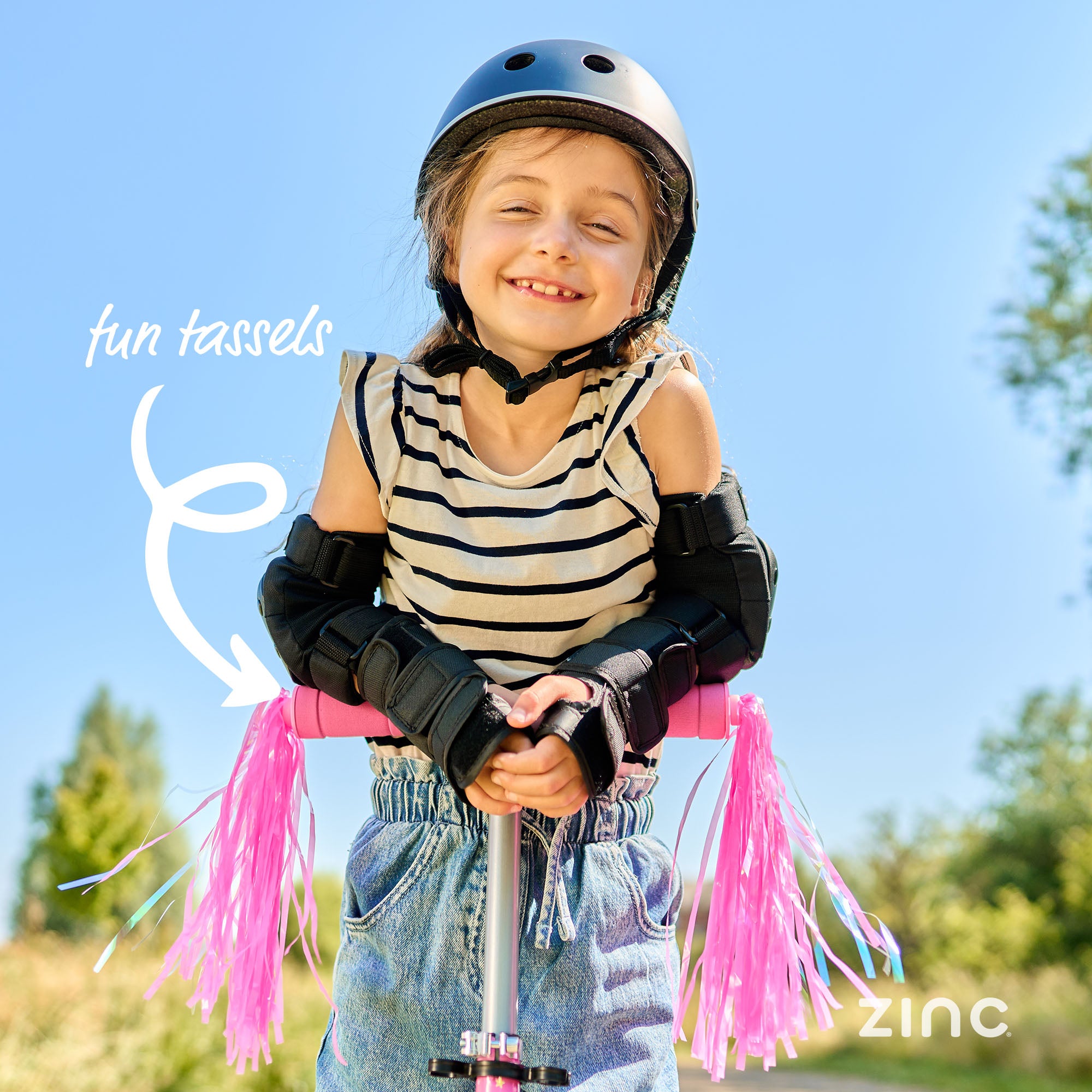 Colourful tassels on unicorn scooter handlebars adding magical flair and fun decorative elements