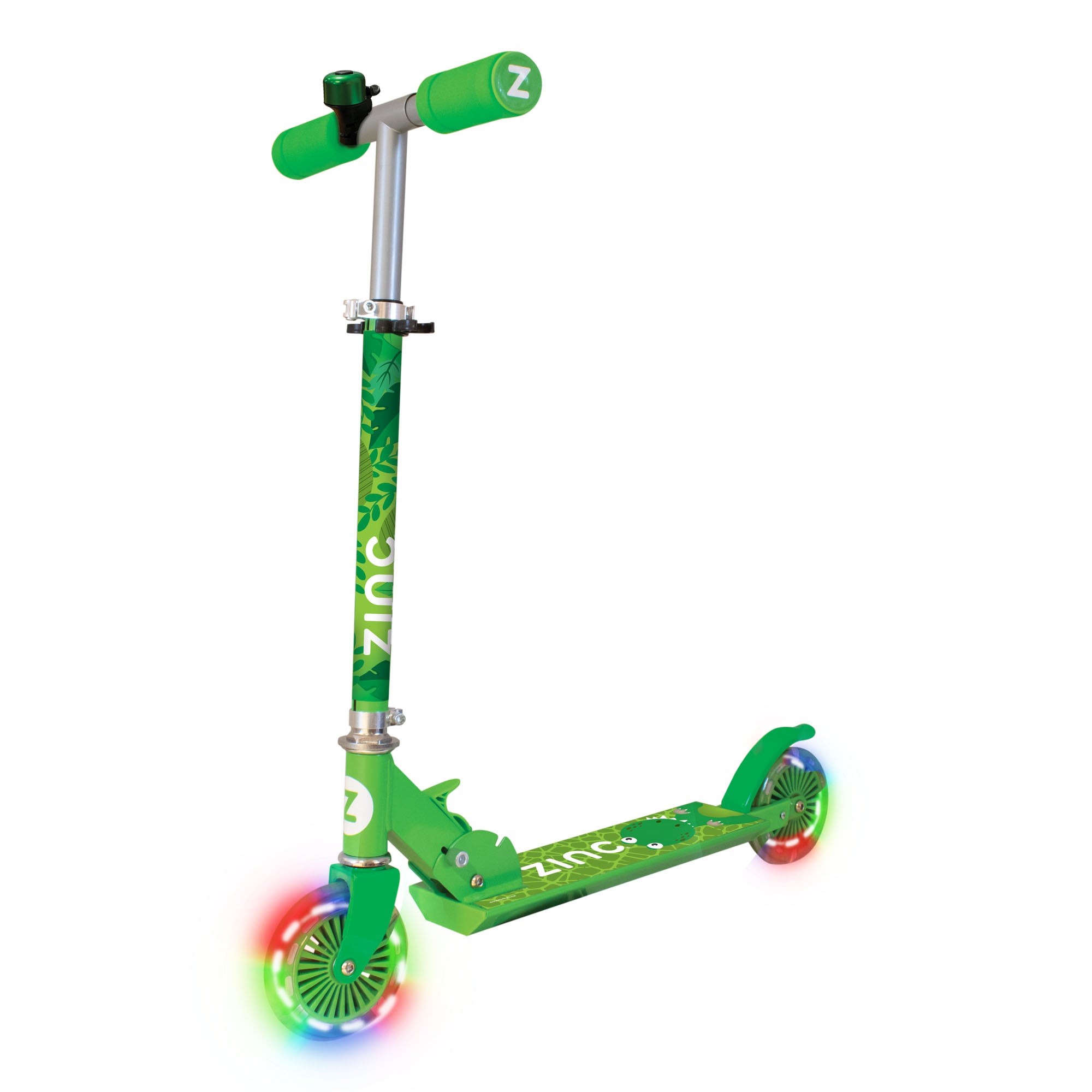 Zinc Dino folding two wheeled scooter with battery-free light up wheels and dinosaur theme for children