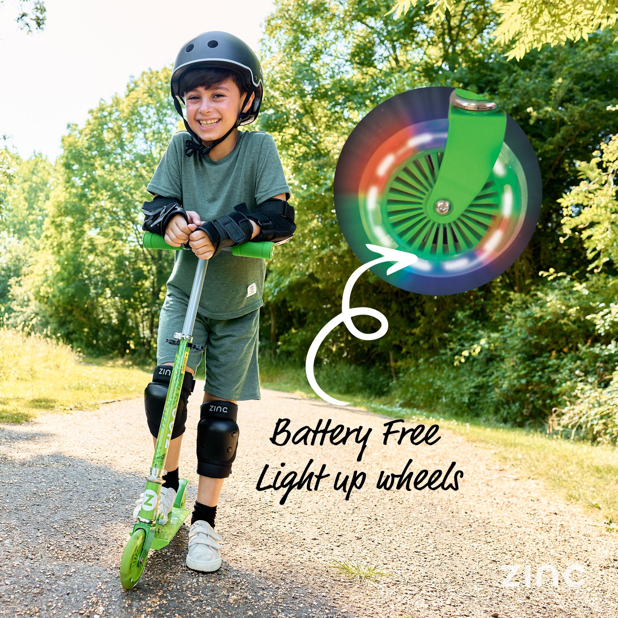 Battery-free light up wheels on Dino scooter creating fun illumination effects without charging required