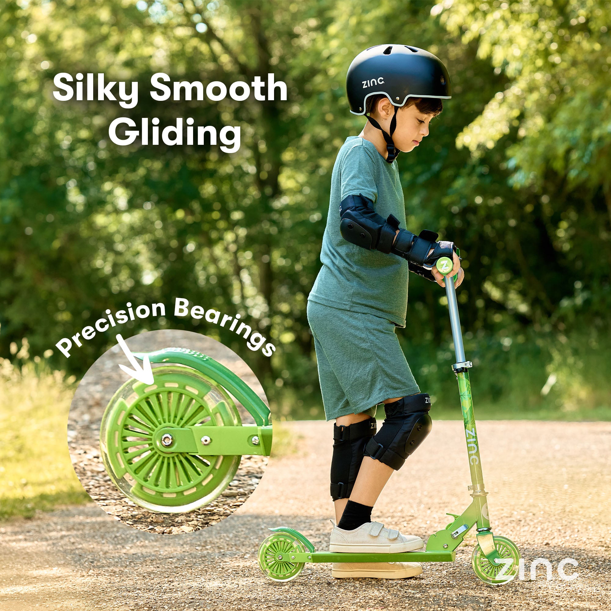 Complete Zinc Dino folding scooter with dinosaur theme, light up wheels, and all safety features