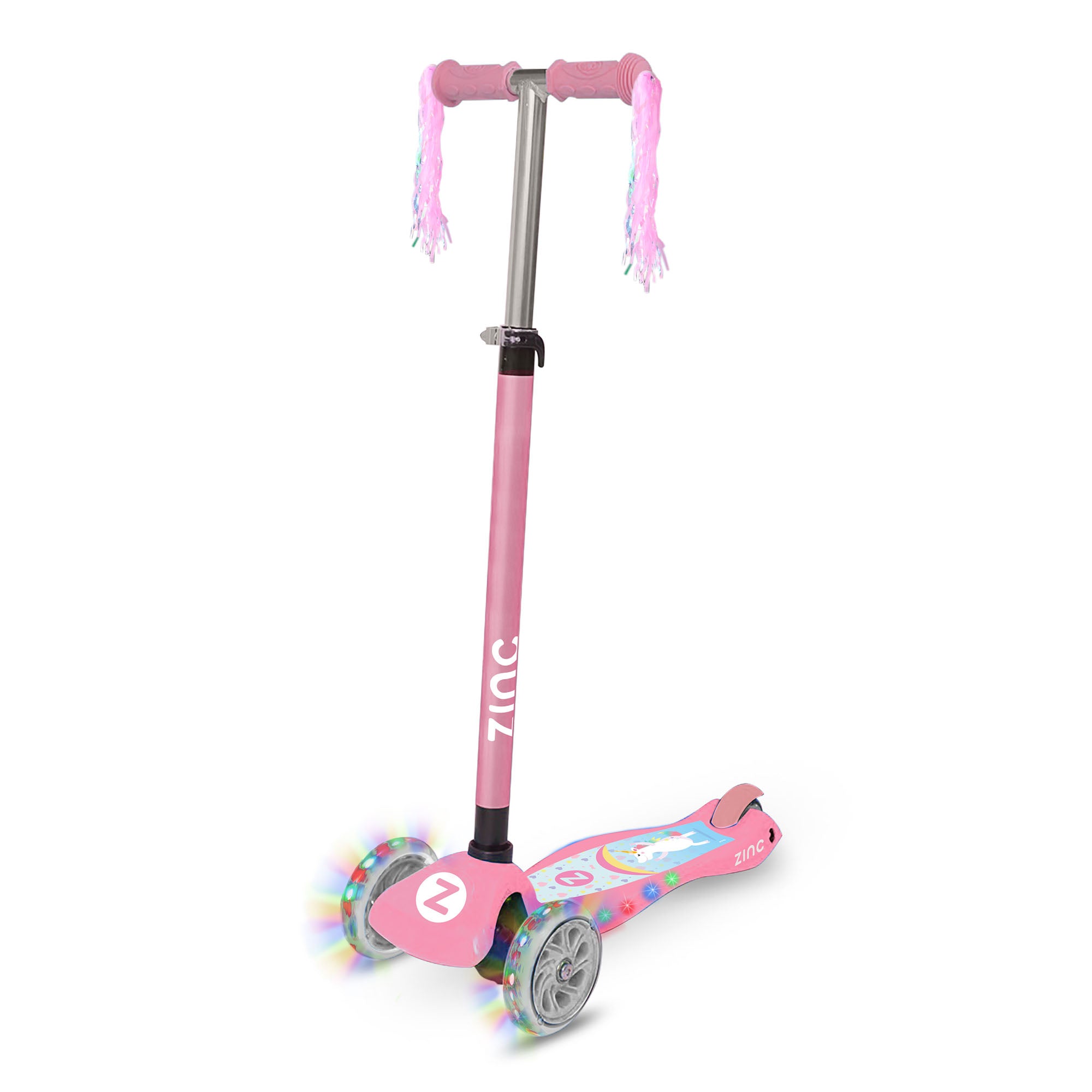 A pink three-wheeled Zinc Superstar non-folding scooter with light up wheels, designed for children.