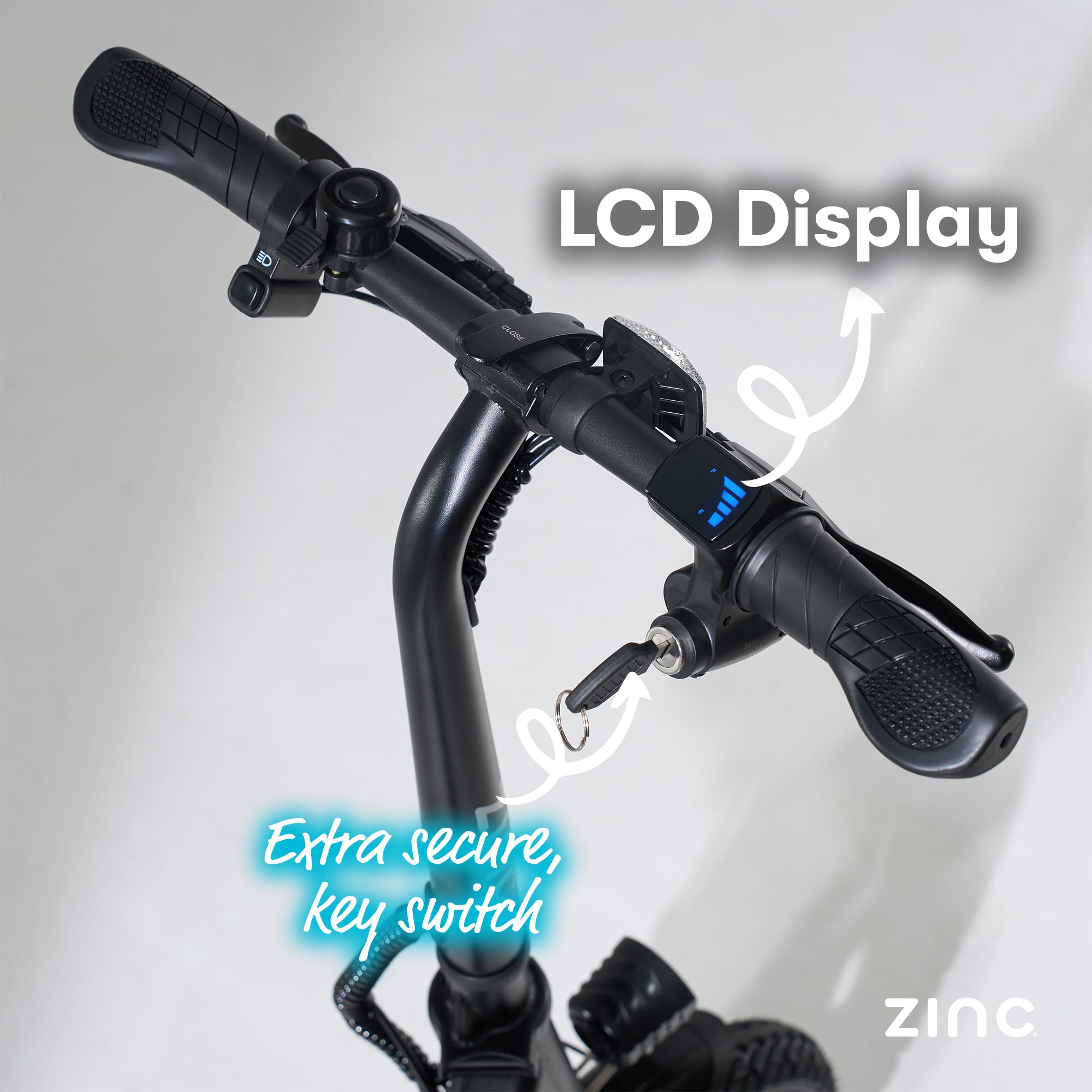 Formula E Venture electric seated scooter ignition key switch for secure start-up and theft protection