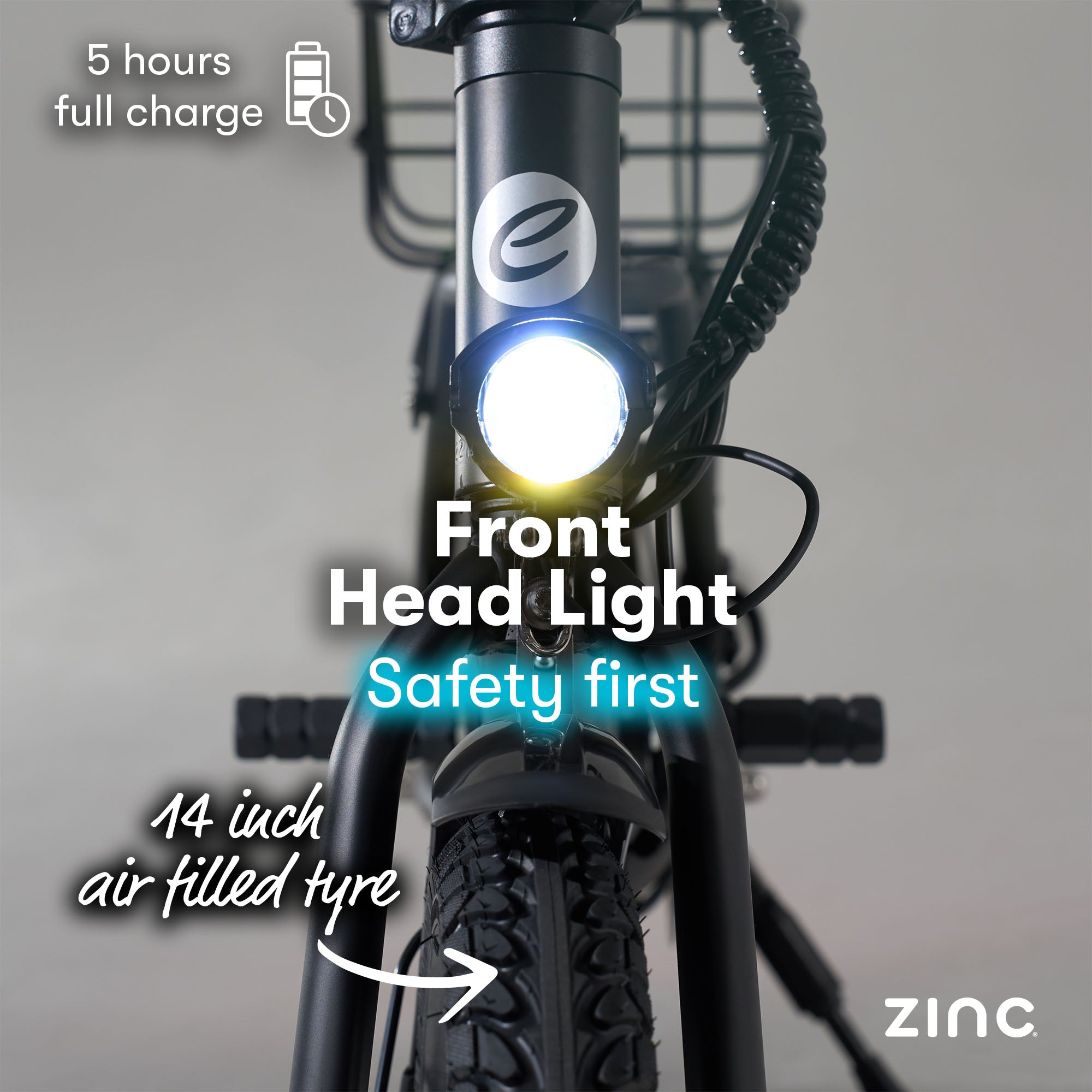 14-inch air rubber tyres on electric seated scooter providing smooth comfortable ride on flat terrain