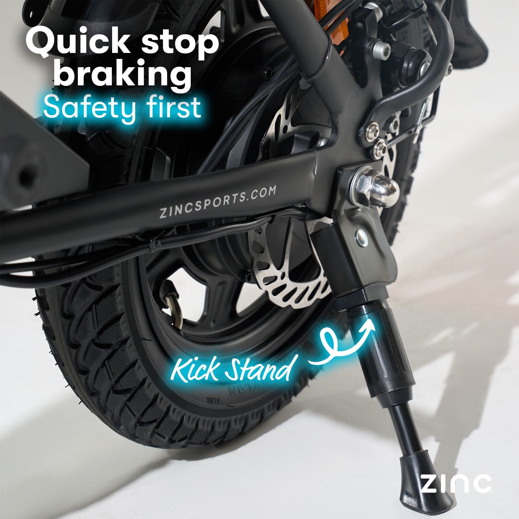 Formula E Venture electric seated scooter double disc brake system providing quick stop braking for safe riding