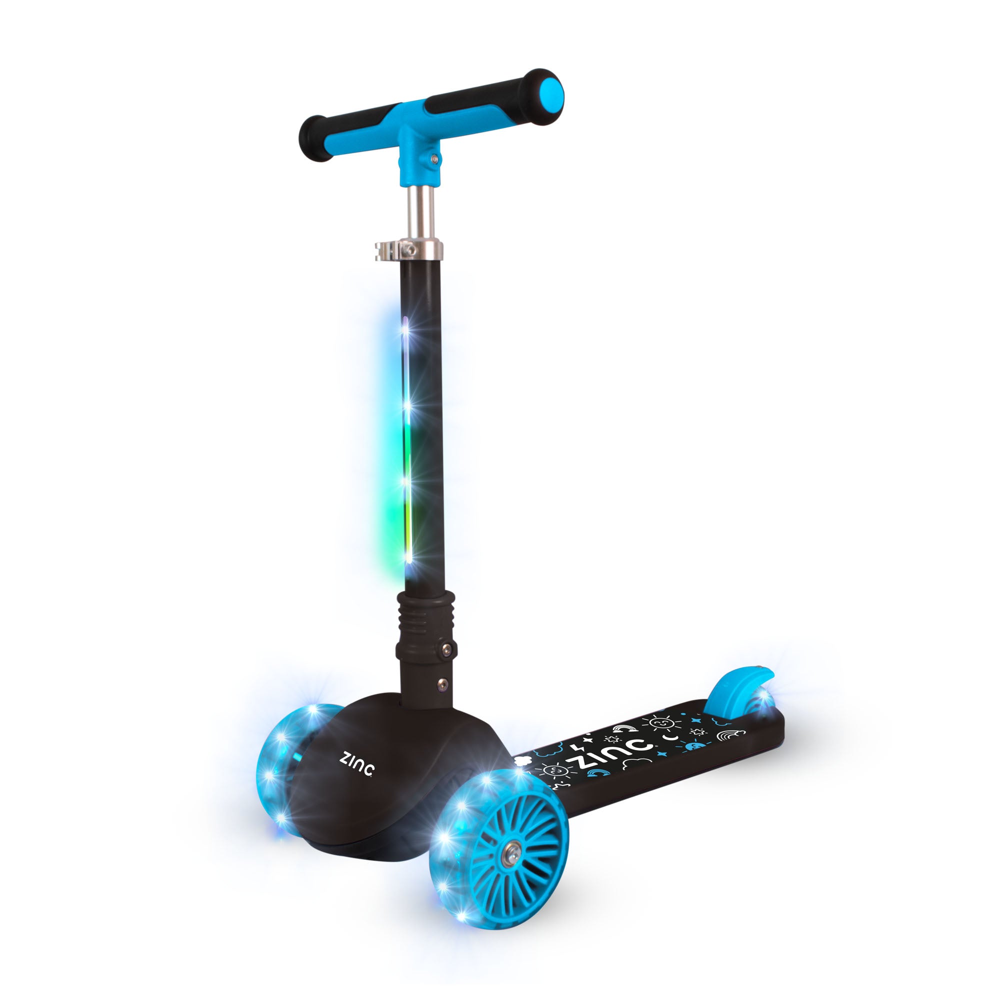 A three-wheeled folding scooter with blue and black colours, featuring LED light up wheels and an adjustable handlebar.