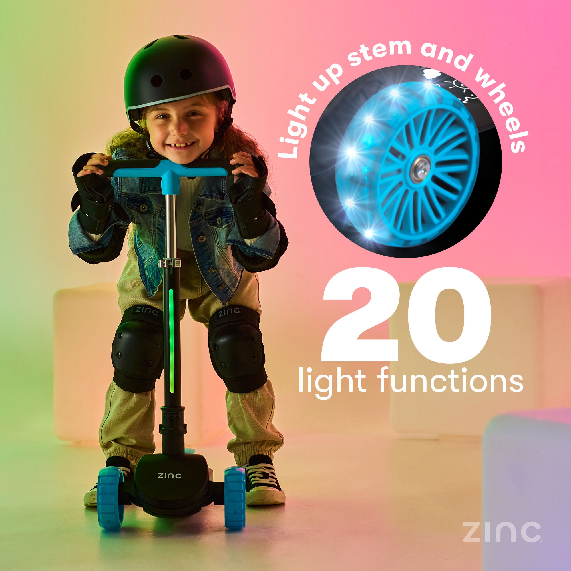 Zinc T-Motion Shine scooter black/ blue highlighting light up wheels