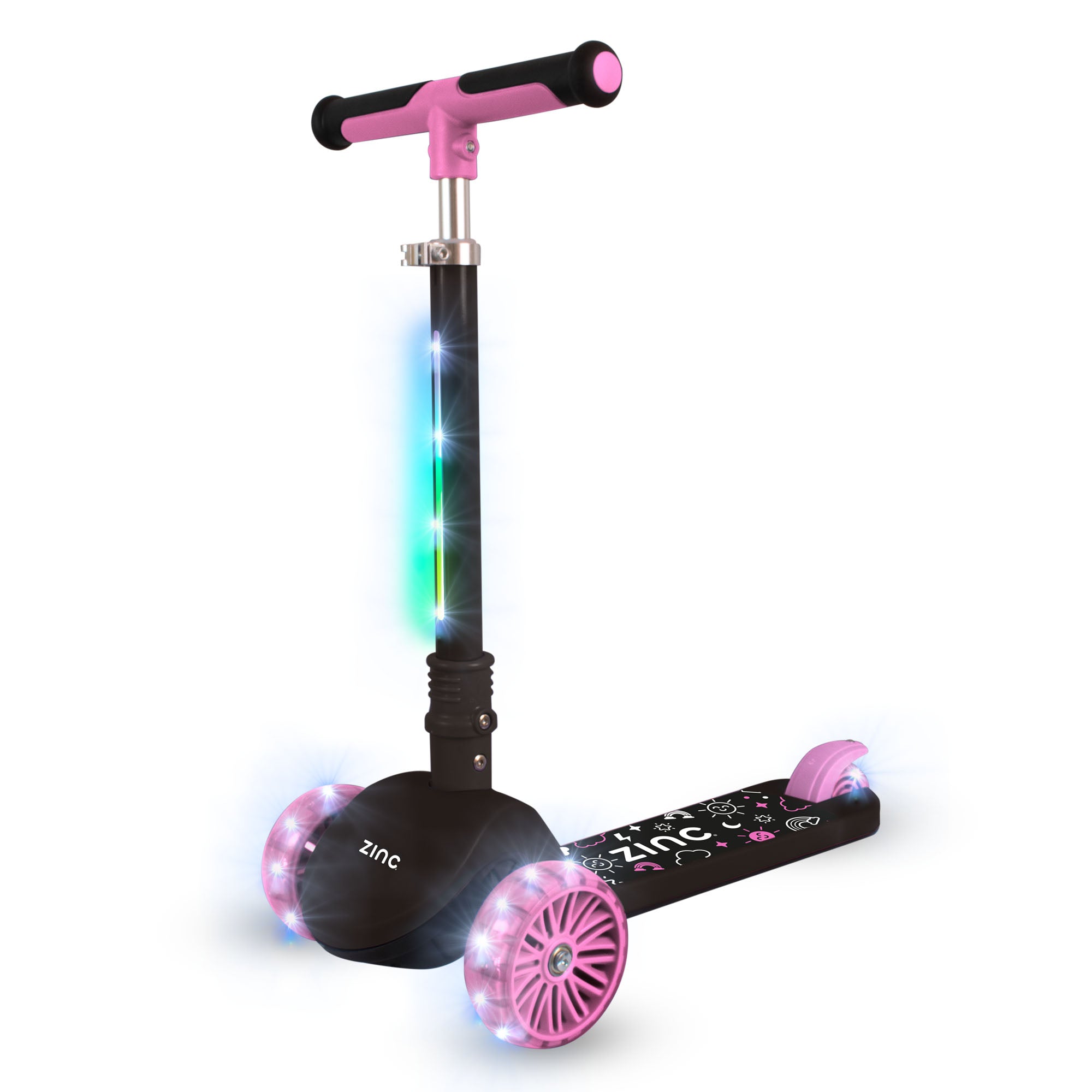 A three-wheeled folding scooter with pink and black colors, featuring LED light up wheels and an adjustable handlebar.