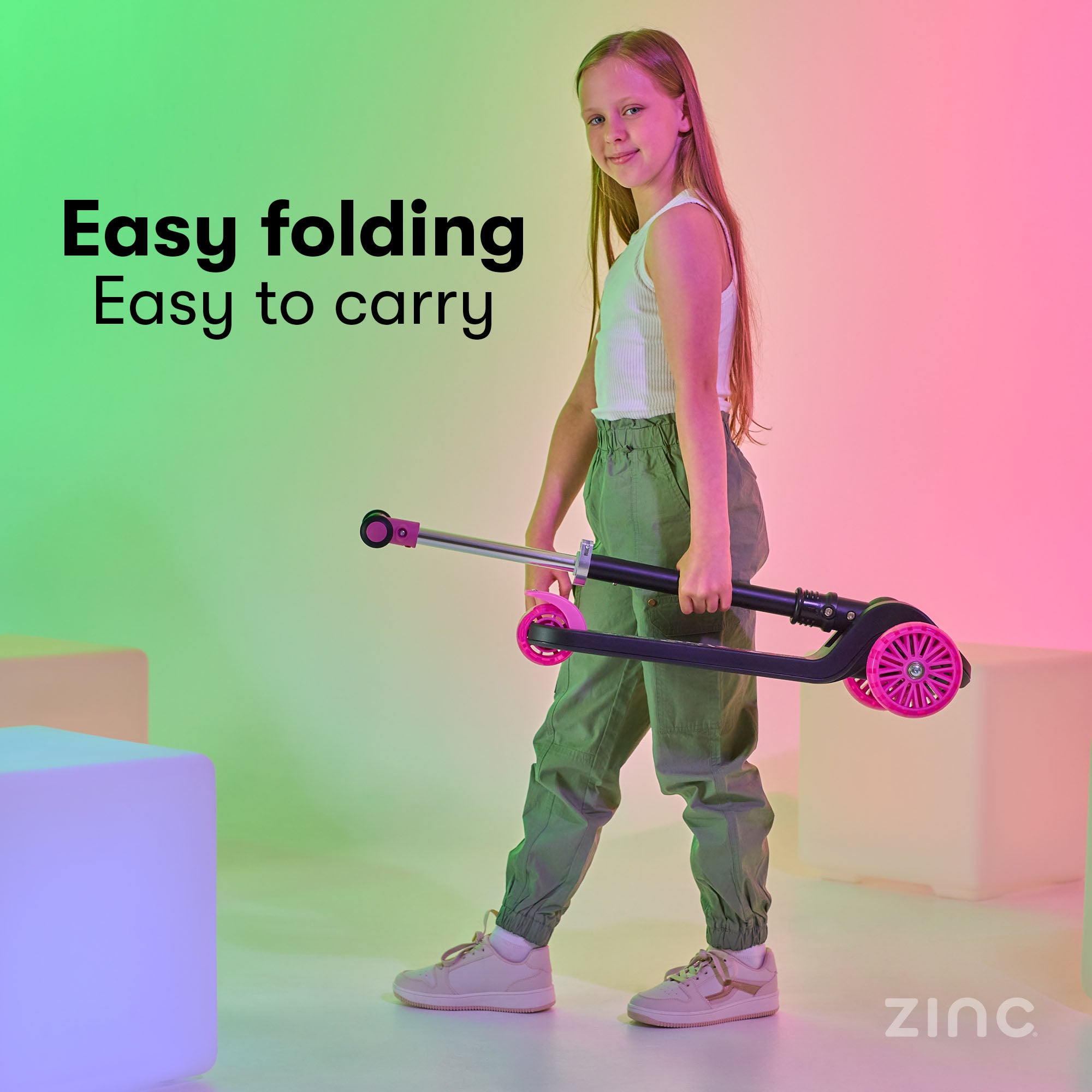 Zinc T-Motion Shine scooter in black/pink - folded position