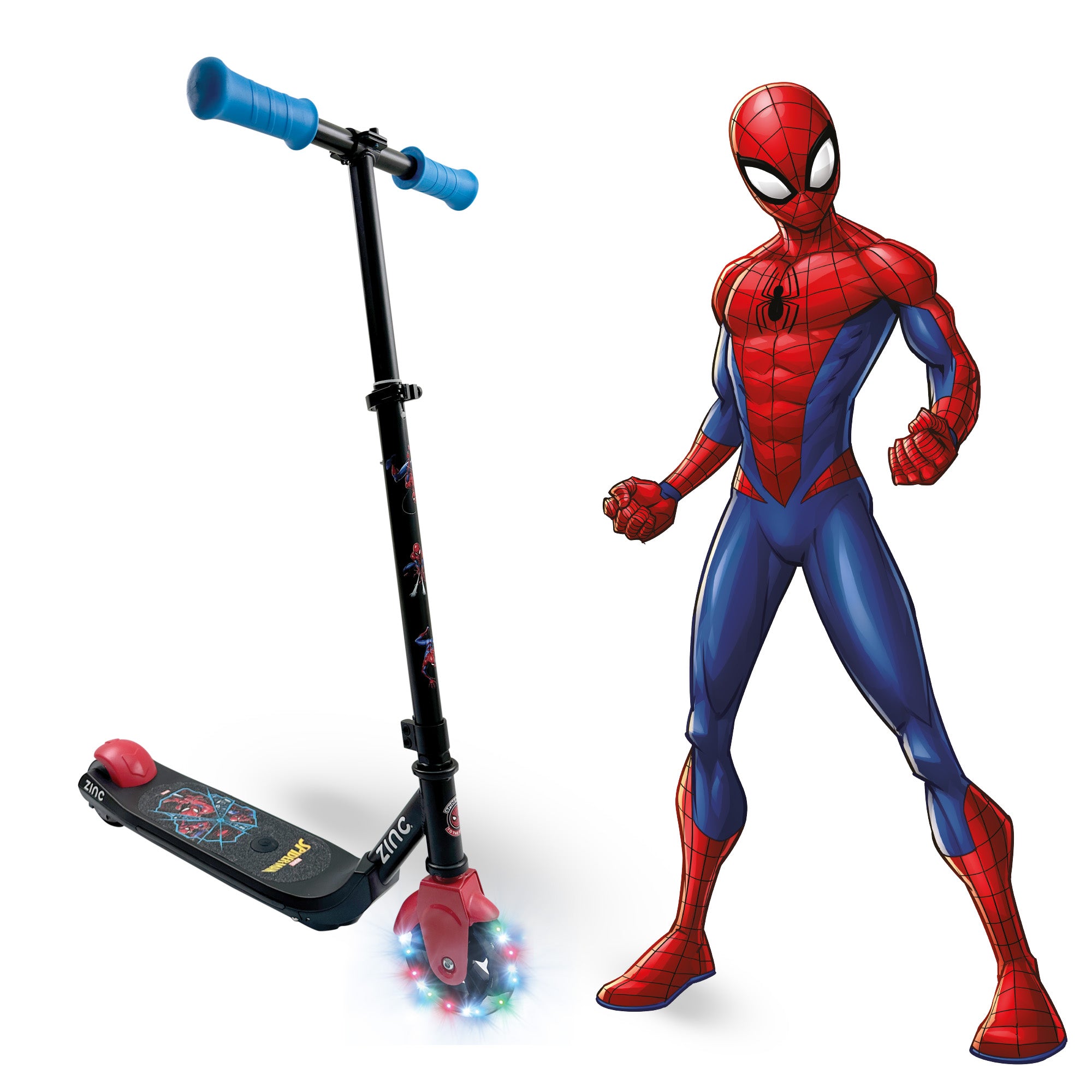 Zinc Marvel Spiderman Kids Electric Scooter with LED light-up wheels and authentic superhero graphics for children aged 6+