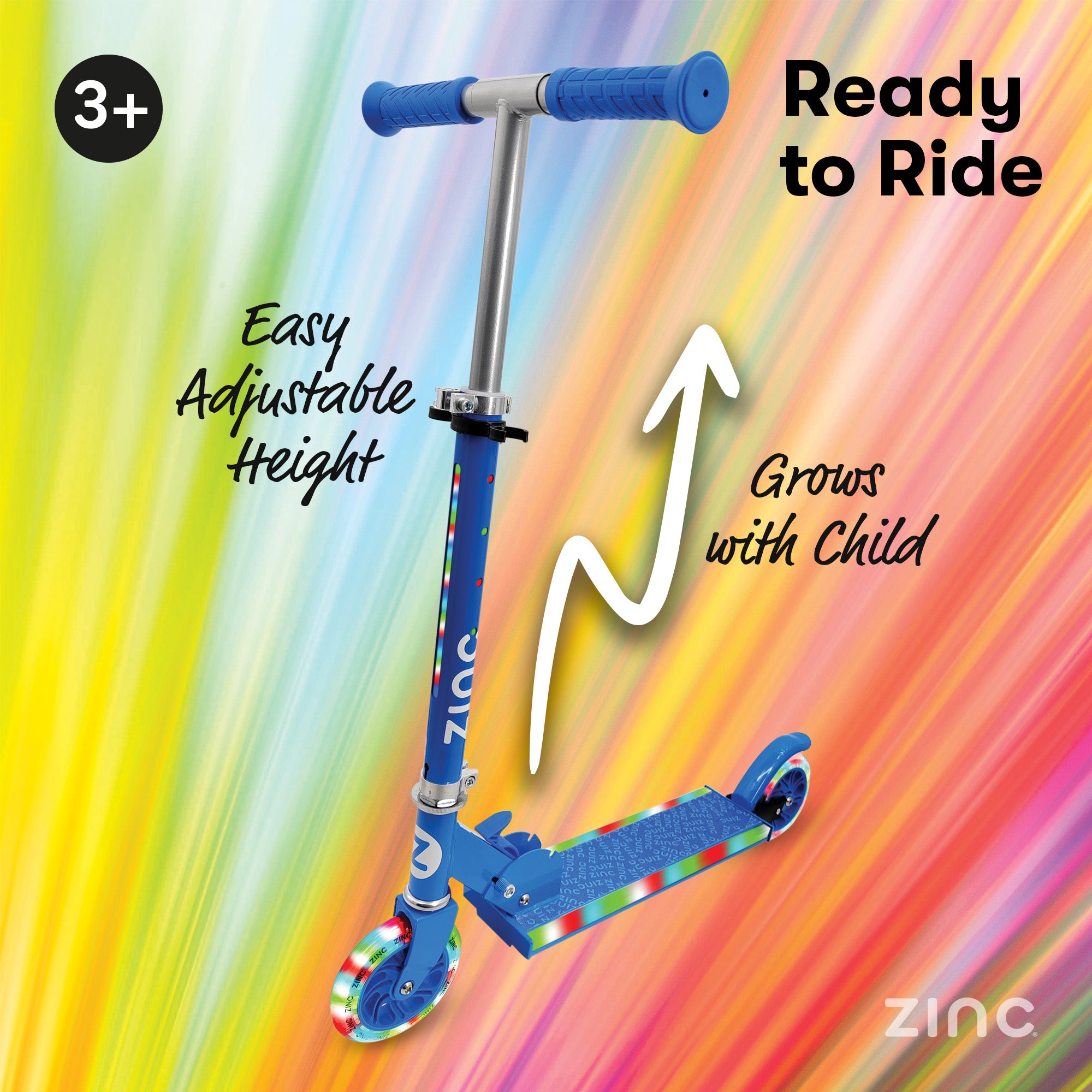 Blue scooter with colourful accents on a rainbow background, featuring text about adjustable height and growth with child.