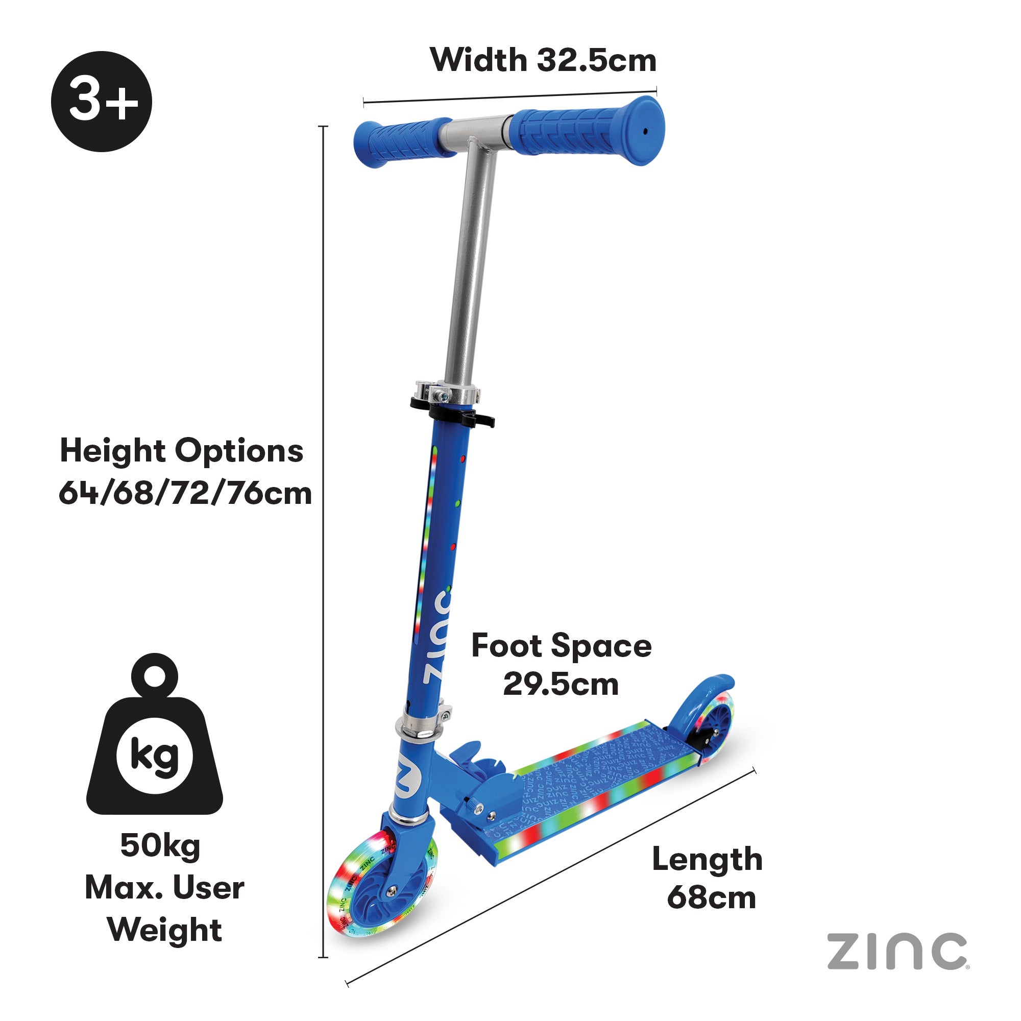 Blue children's scooter with dimensions and features on a white background