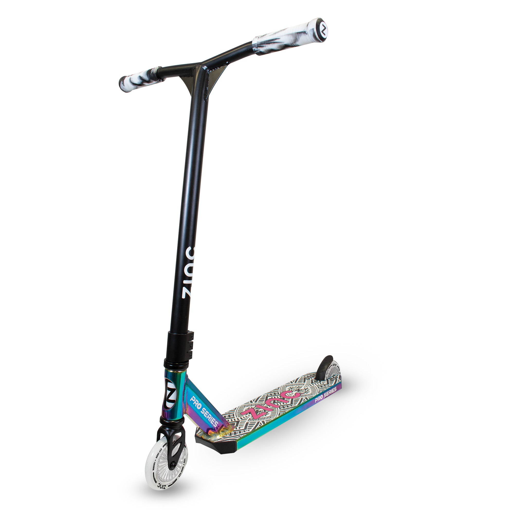 Zinc Nasty stunt scooter with 6061 aluminium deck, triple clamp design and steel T-bar for advanced tricks