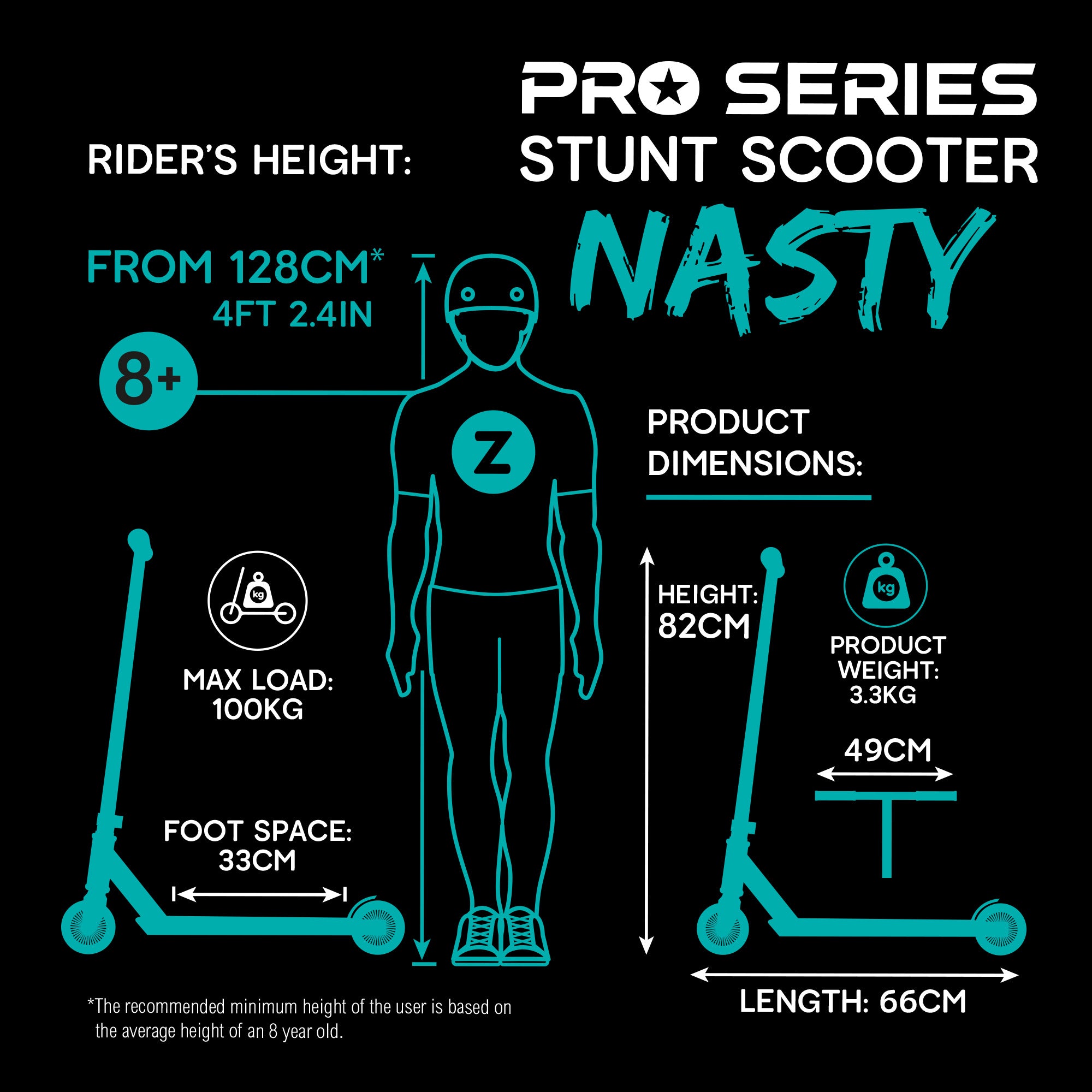 Zinc Nasty stunt scooter side view showing 49cm x 11cm deck platform and HIC headset for precise steering