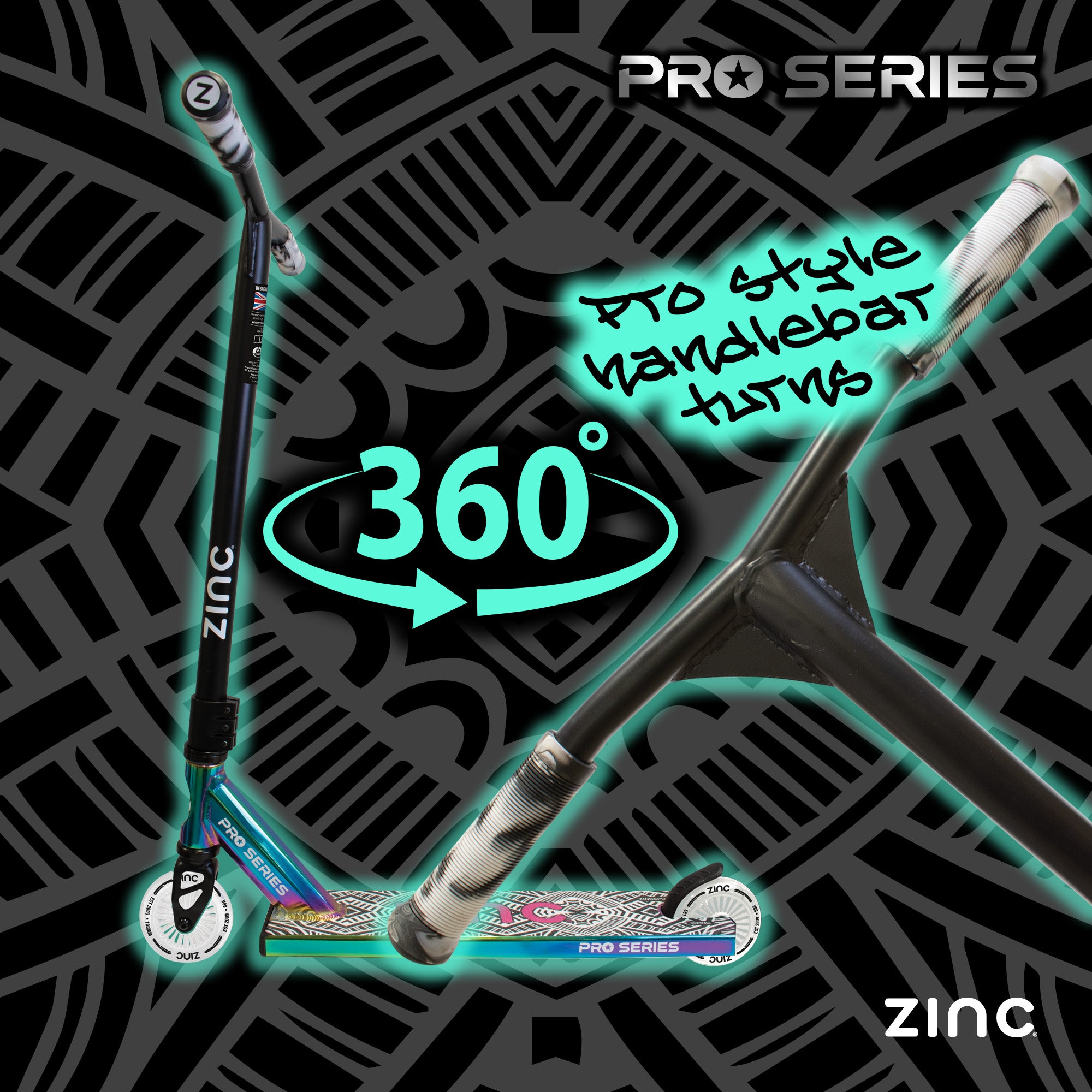 Zinc Nasty stunt scooter demonstrating 360-degree rotation capability with triple clamp system for advanced spinning tricks