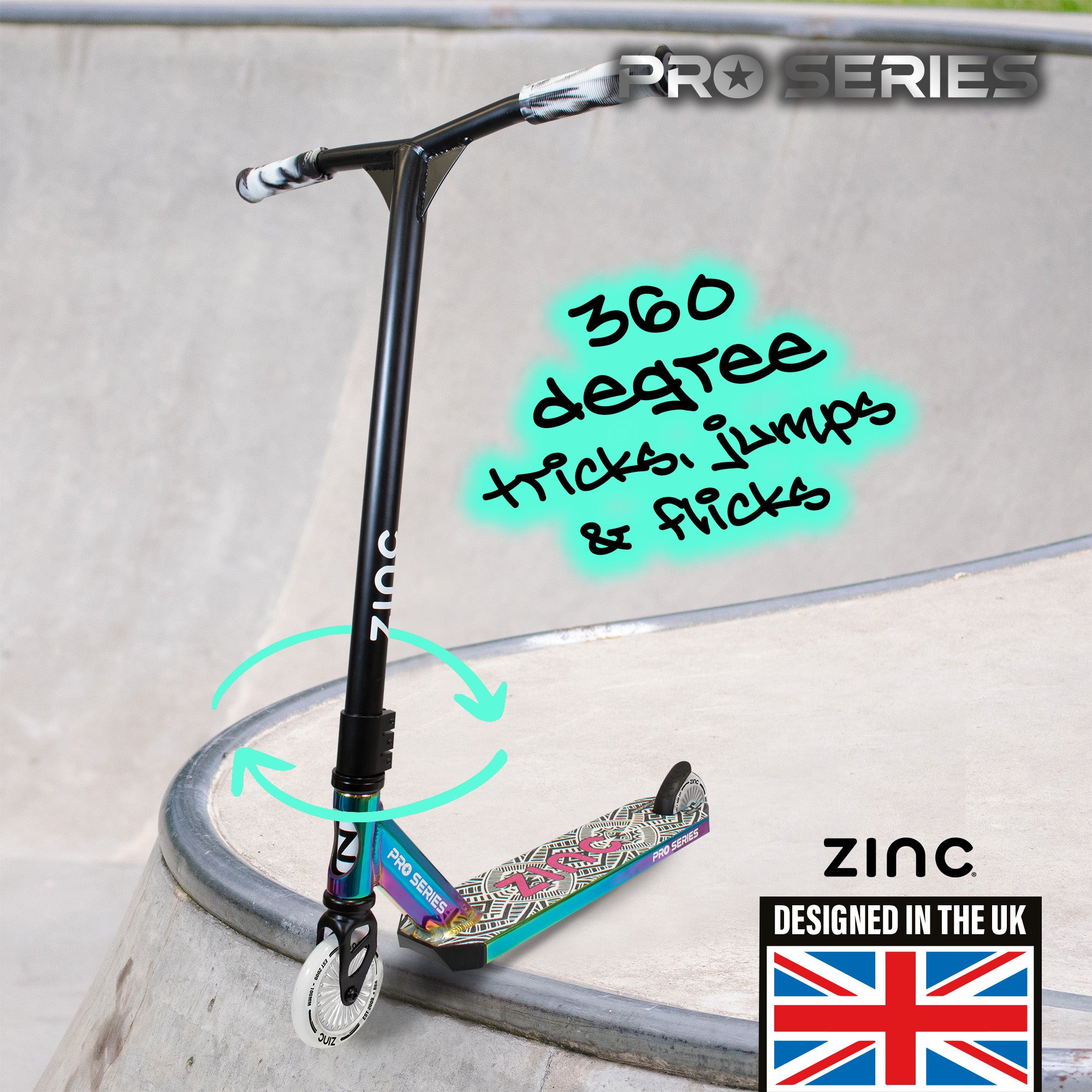 Zinc Nasty stunt scooter complete view supporting riders up to 75kg with trick-ready design features