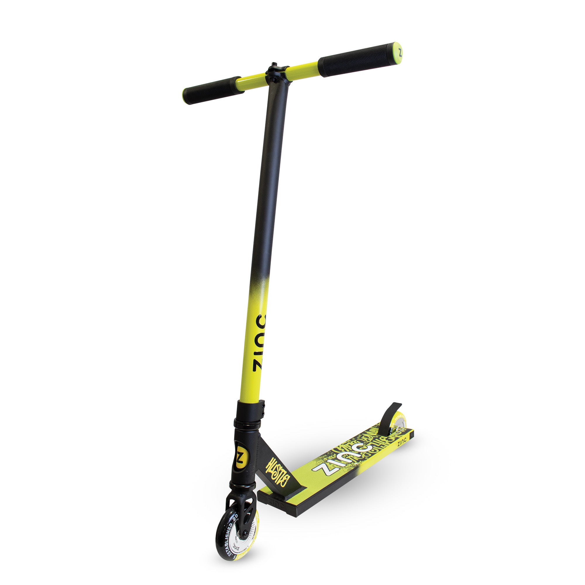 Zinc Hustle stunt scooter with striking black and neon design, anodised aluminium frame and 100kg weight limit