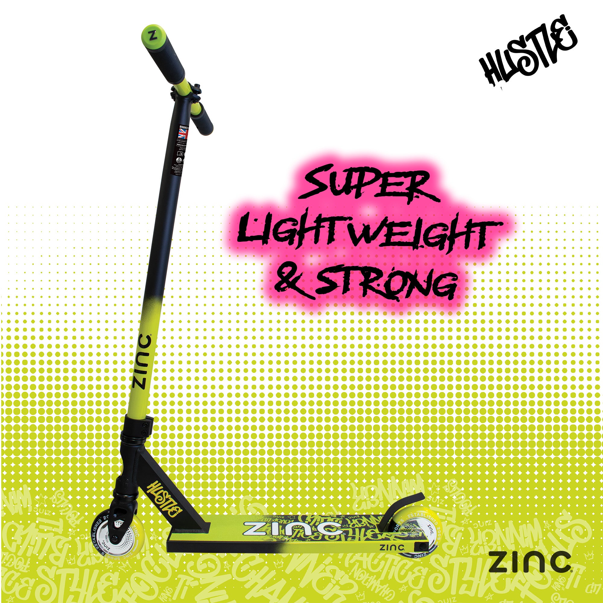 Zinc Hustle stunt scooter side view showing lightweight 3.2kg construction with 82cm handlebar height for easy manoeuvring