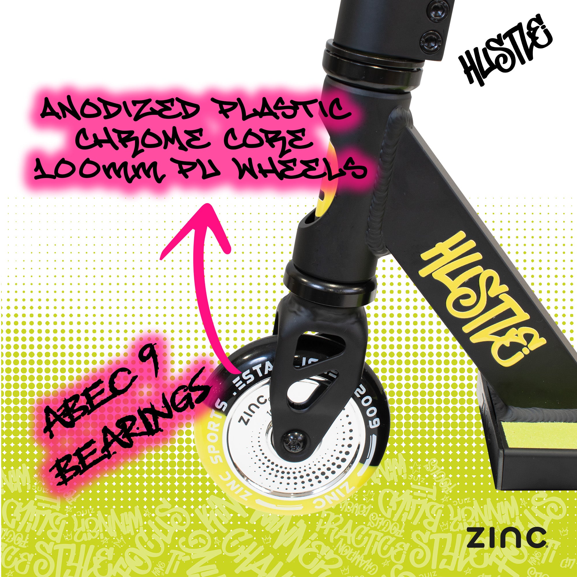 Zinc Hustle stunt scooter double clamp system with HIC headset for rock-solid stability and precise control