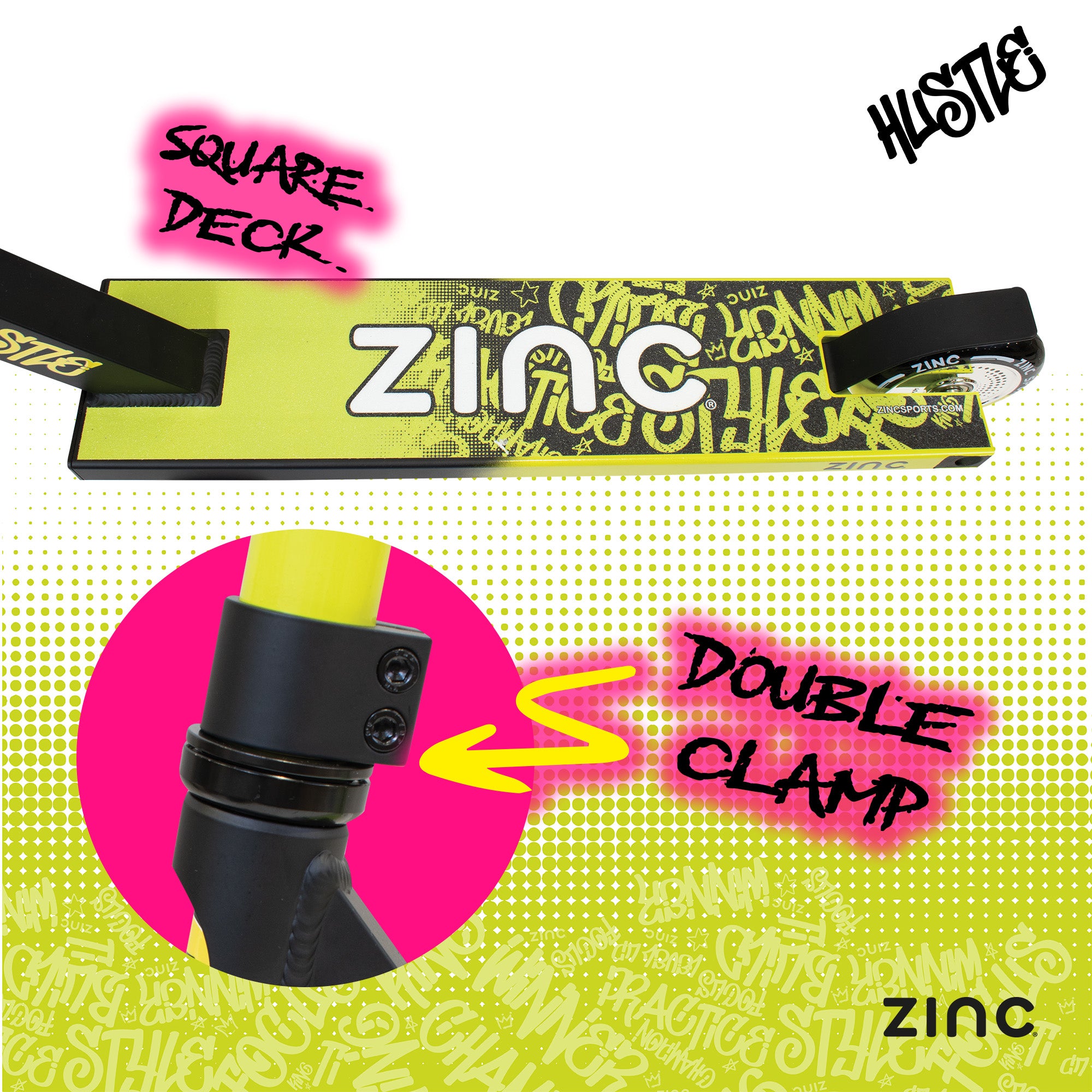 Zinc Hustle stunt scooter square deck with 100mm PU chrome core wheels and ABEC 9 bearings for smooth riding