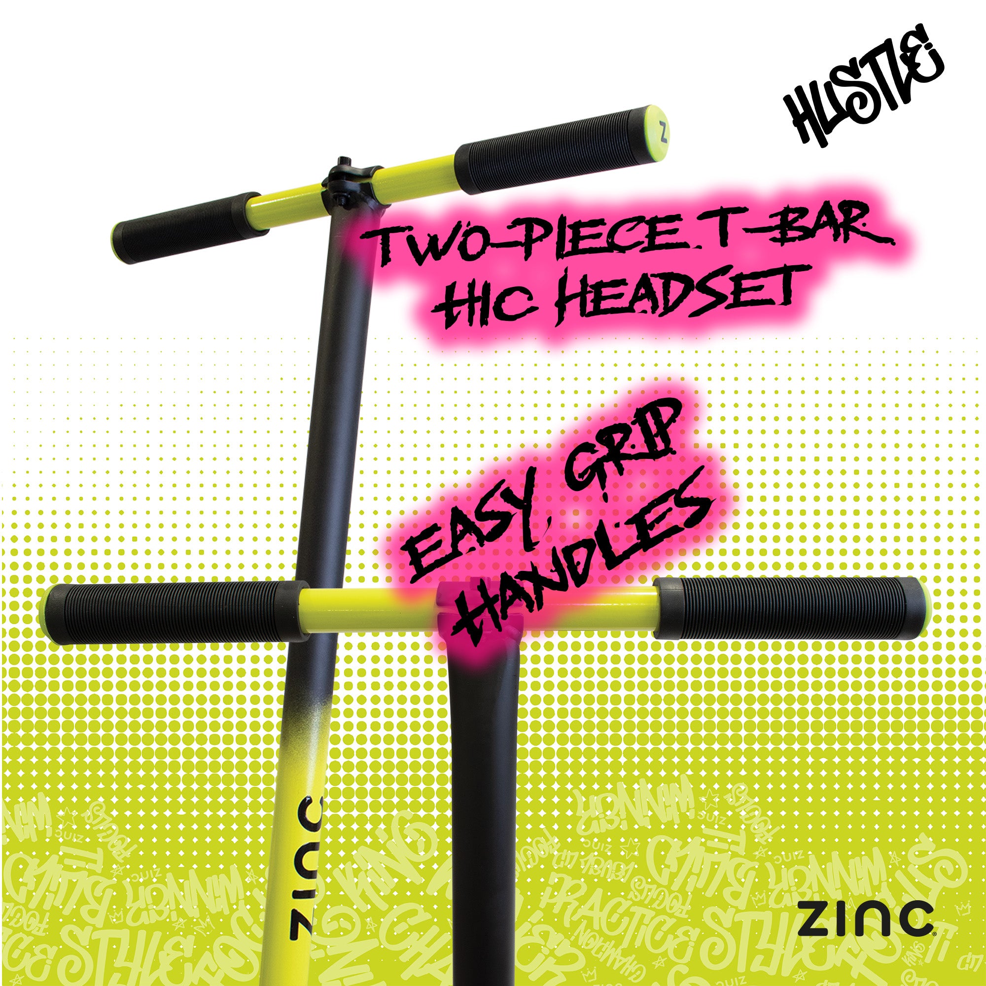 Two-piece T-bar hic headset with yellow and black handles on a white and yellow patterned background, featuring the brand 'Hustle' and 'Zinc'.