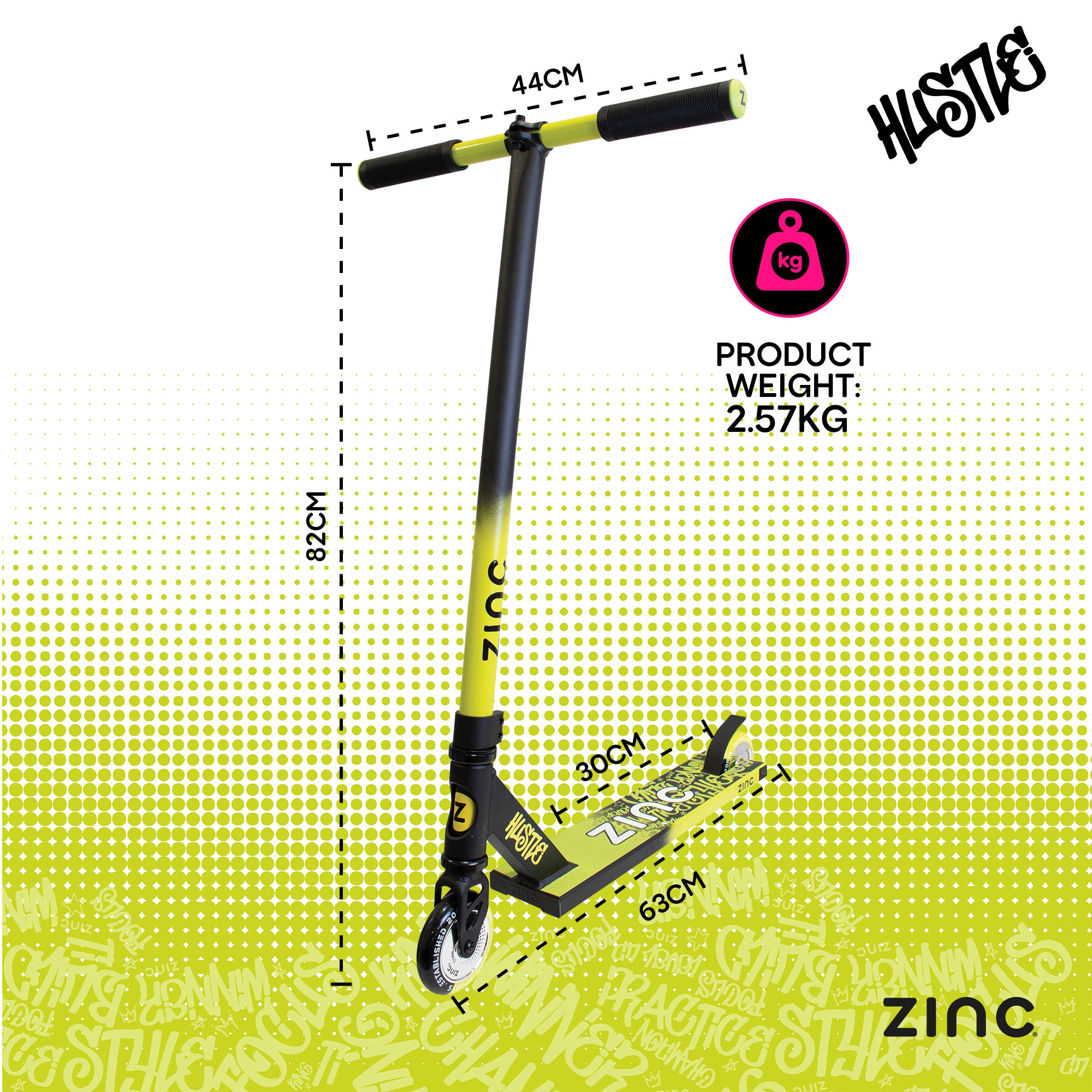 Zinc Hustle stunt scooter complete view highlighting durable anodised aluminium construction with powder coating