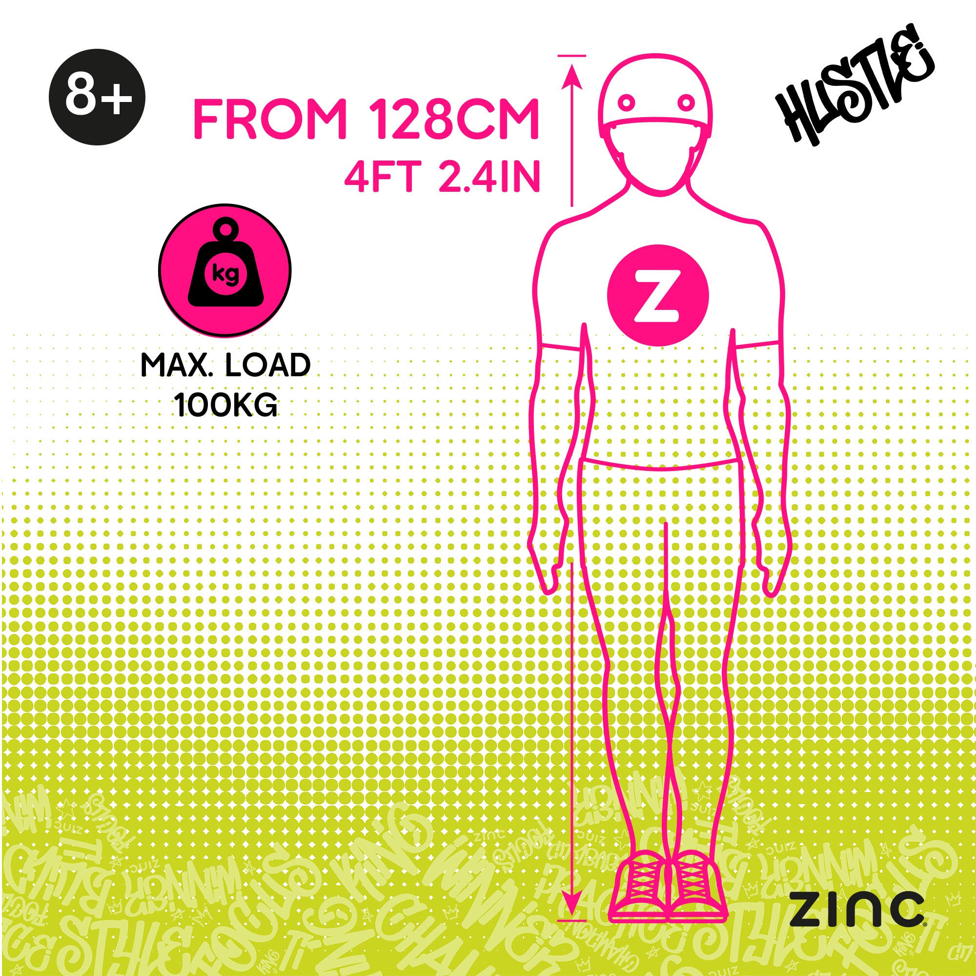 Illustration of a person with size and weight guidelines on a gradient background