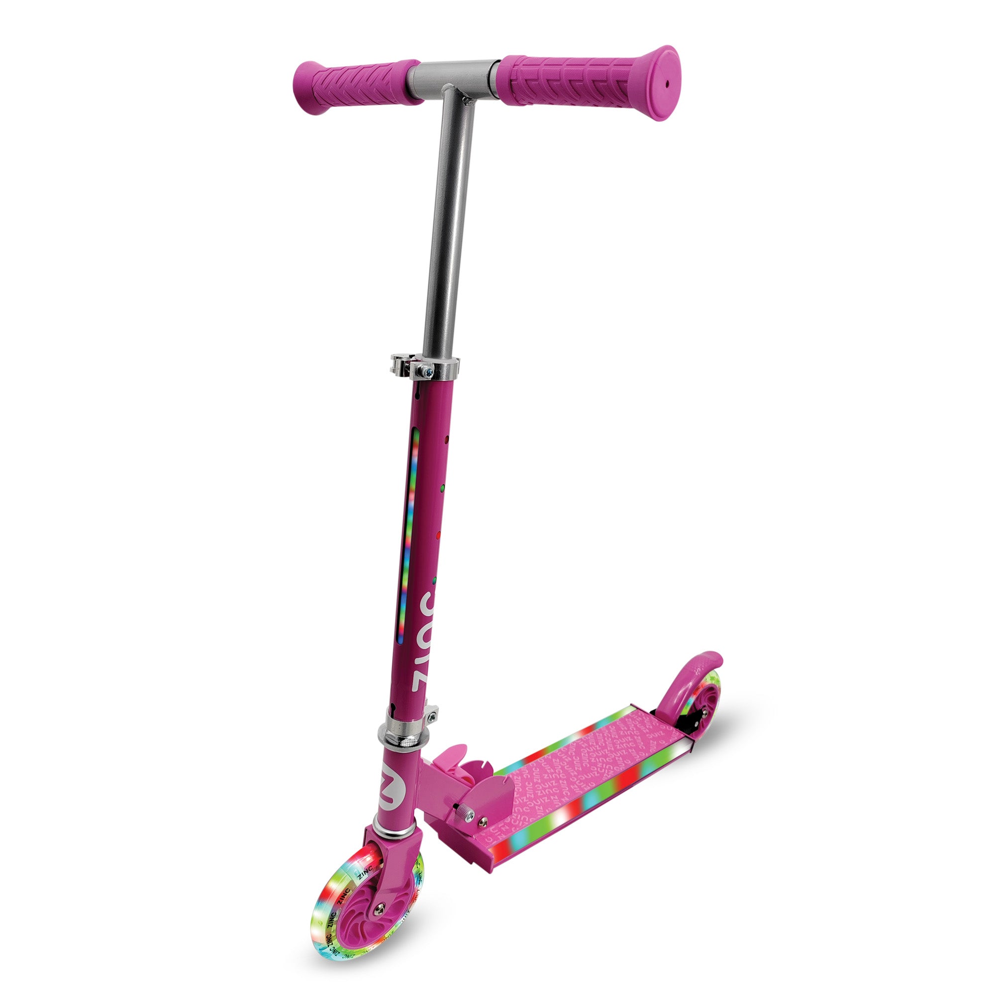 Pink scooter with led light features on a white background.