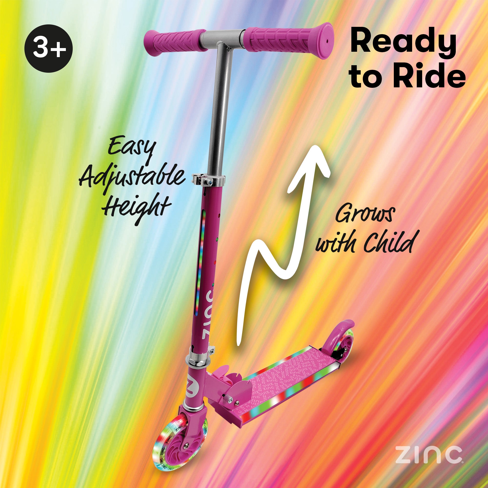 Pink scooter with colourful light up design on a rainbow background, featuring text about adjustable height and growth with child.