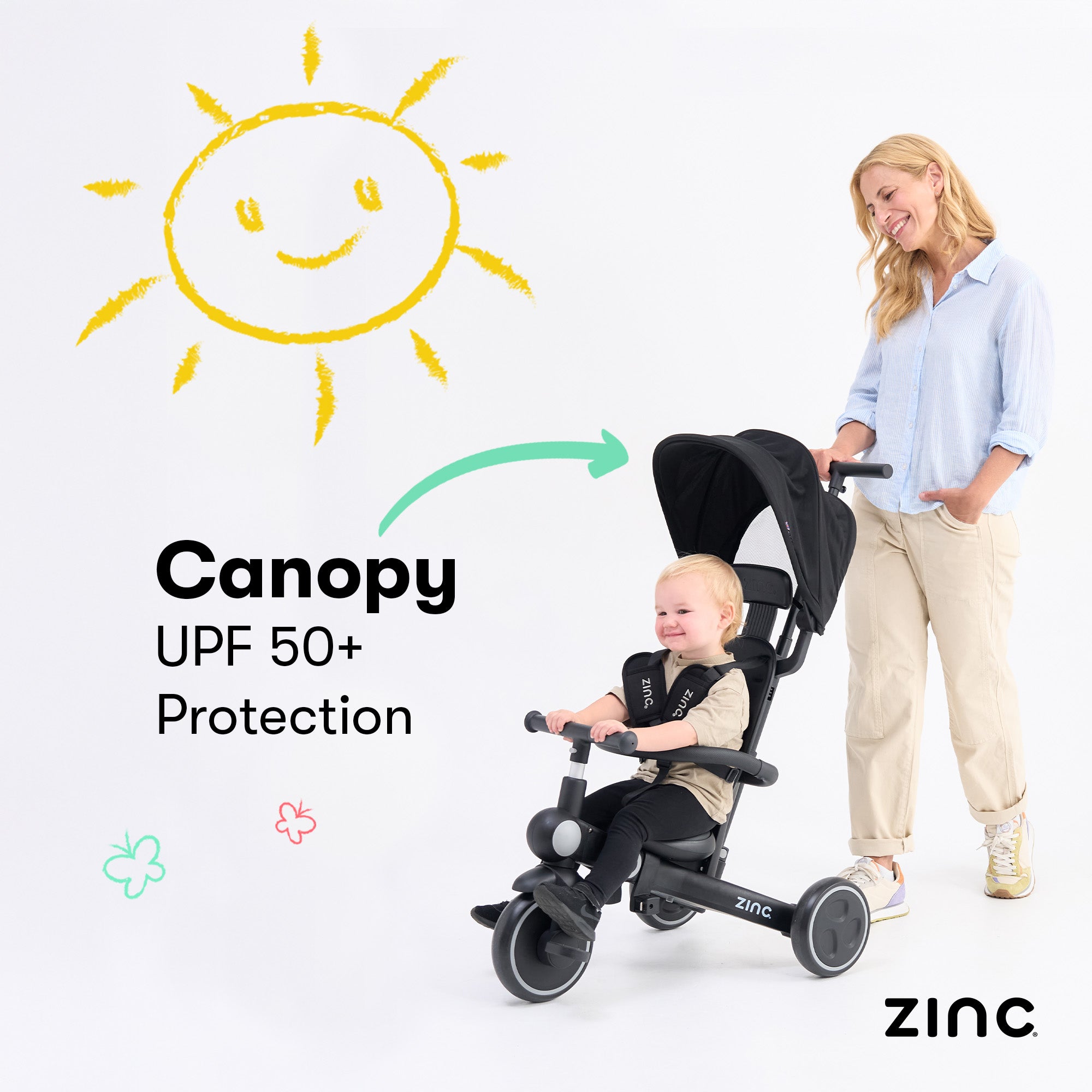 Child in a tricycle with canopy and woman pushing, sun illustration and 'Zinc' branding.