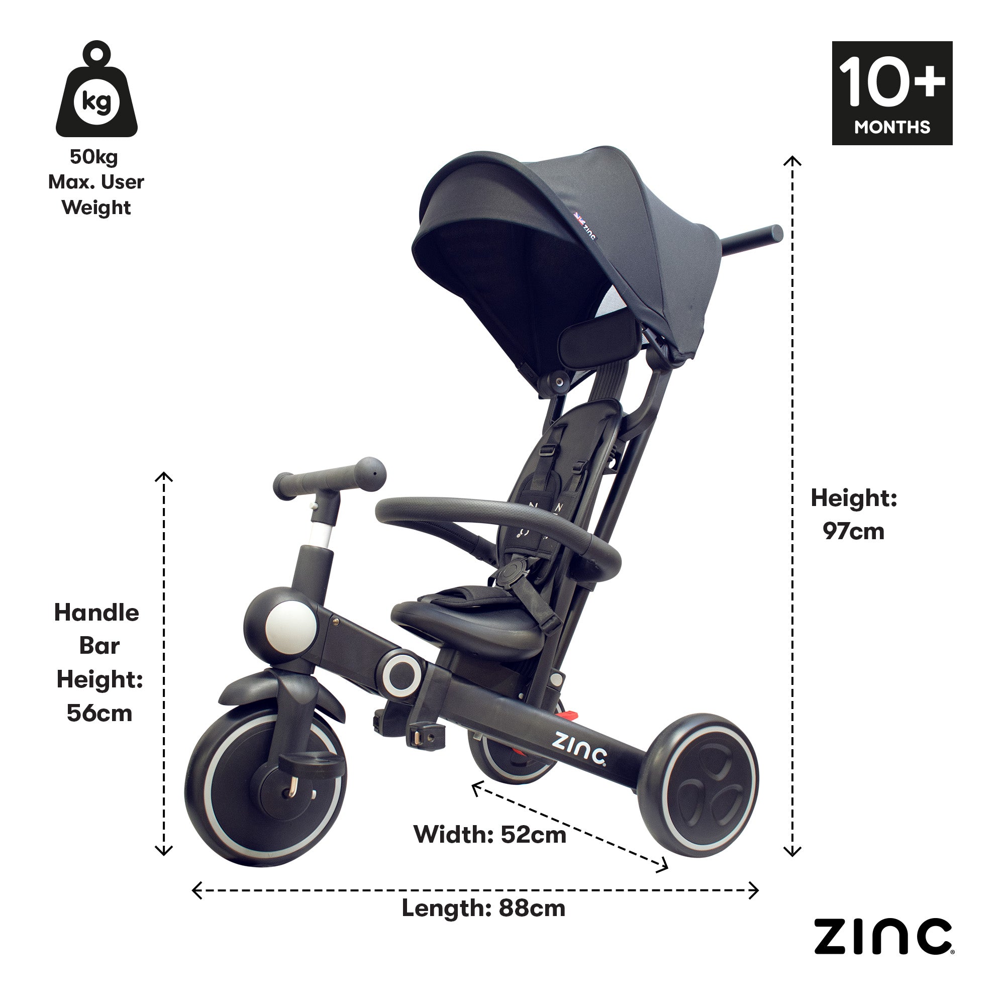 Black tricycle with dimensions and features on a white background, featuring the brand 'Zinc'.