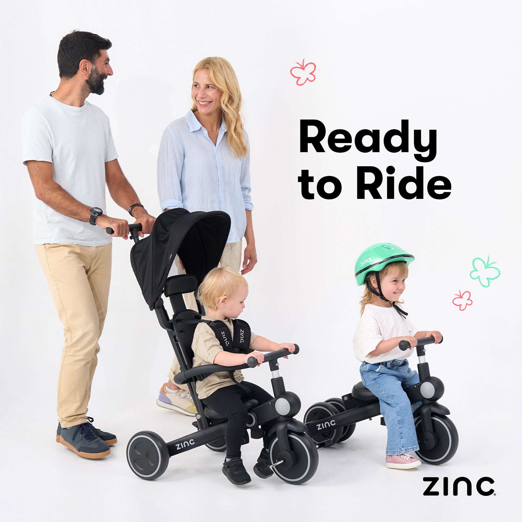 Family with children using a tricycle, with 'Zinc' branding visible.