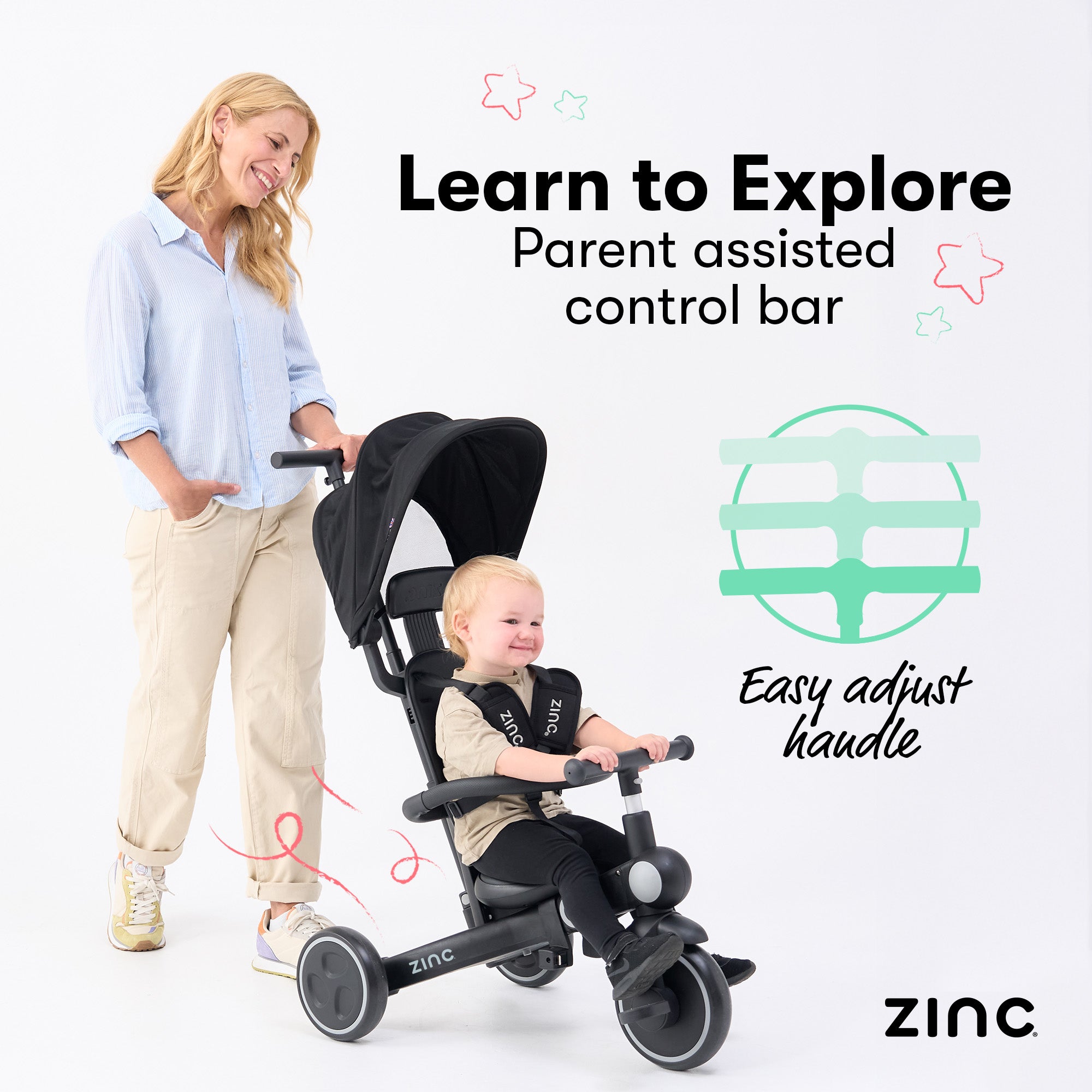 Woman pushing a child in a tricycle with 'Zinc' branding, featuring text about parent-assisted control bar and easy-adjust handle.