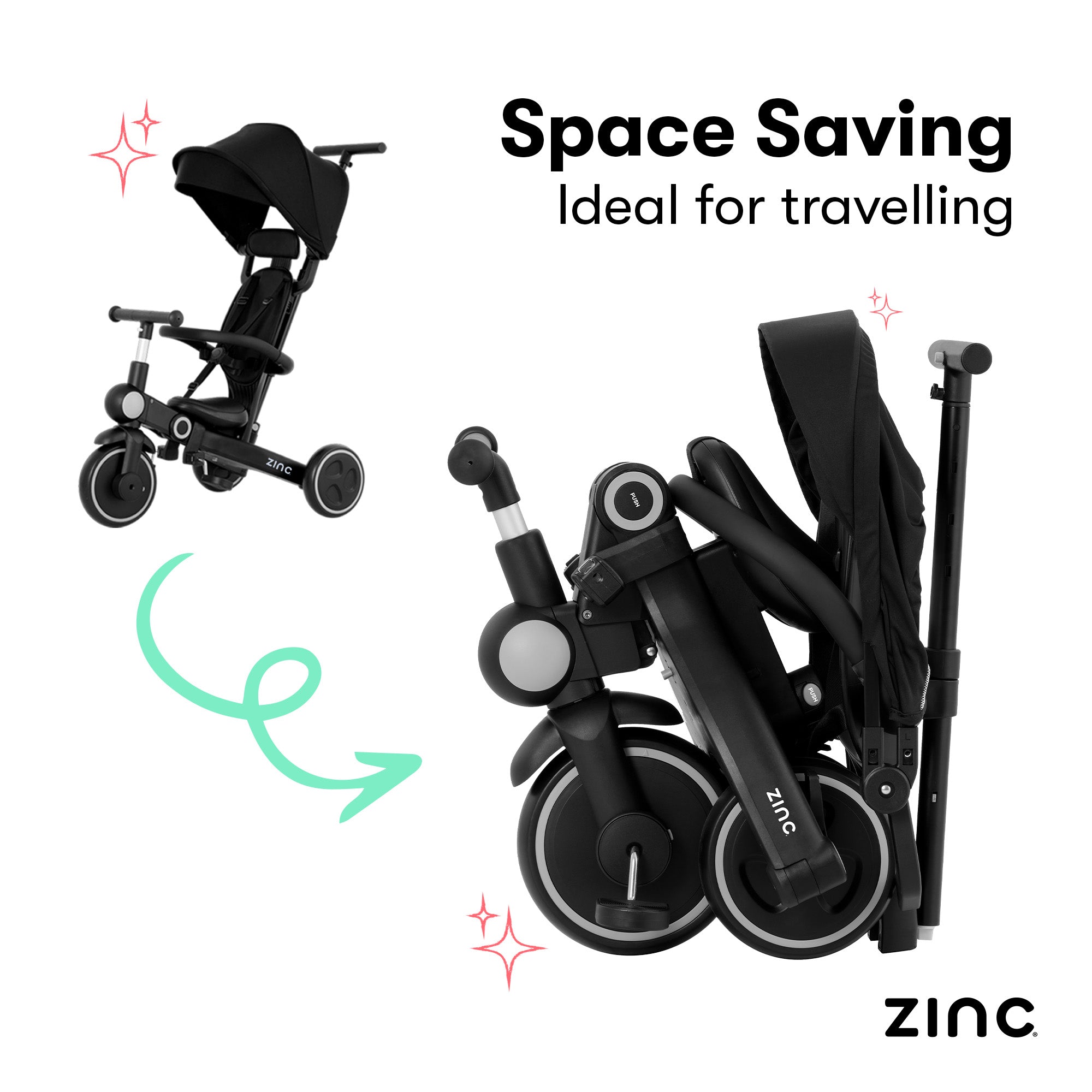 Space-saving stroller with folded and unfolded positions on a white background, featuring the brand 'Zinc'.