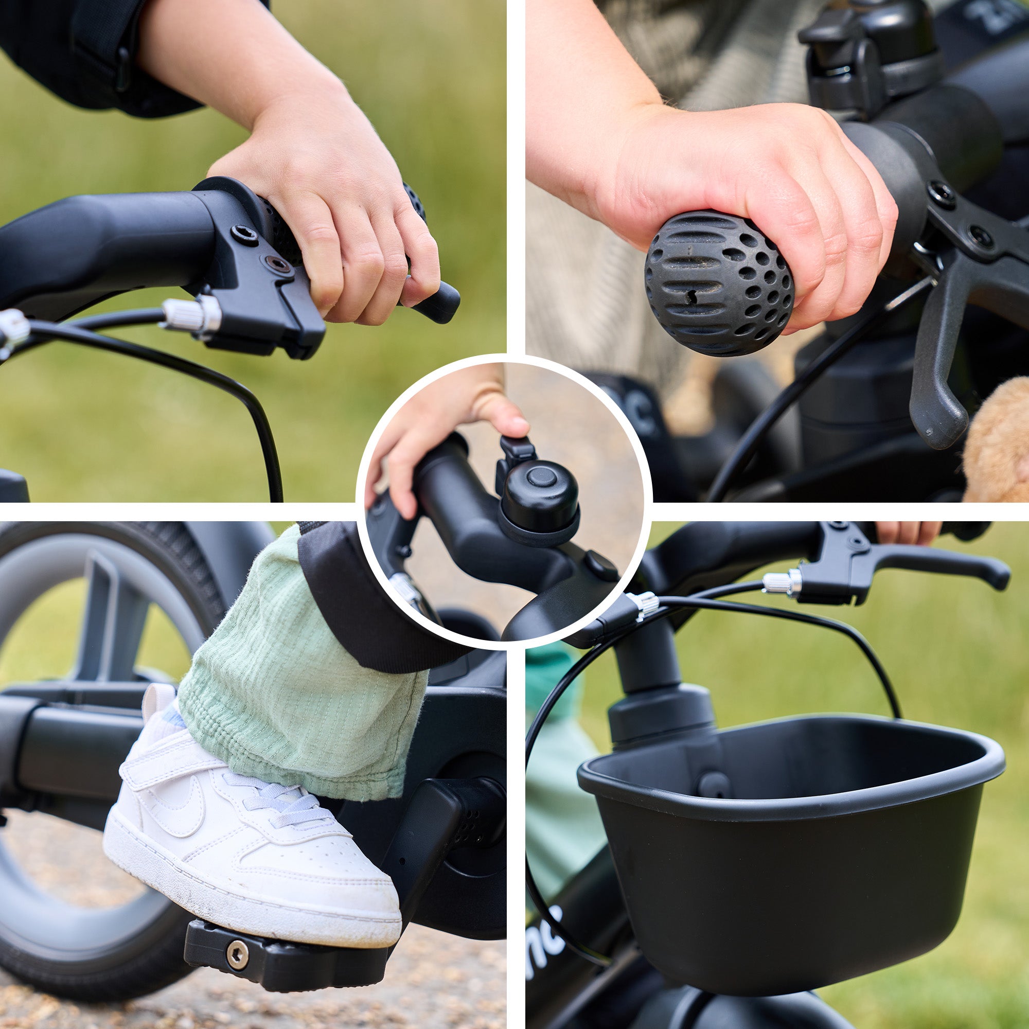 Collage of a child's hands on bike handlebars, close-up of handlebar, bell and bike basket.
