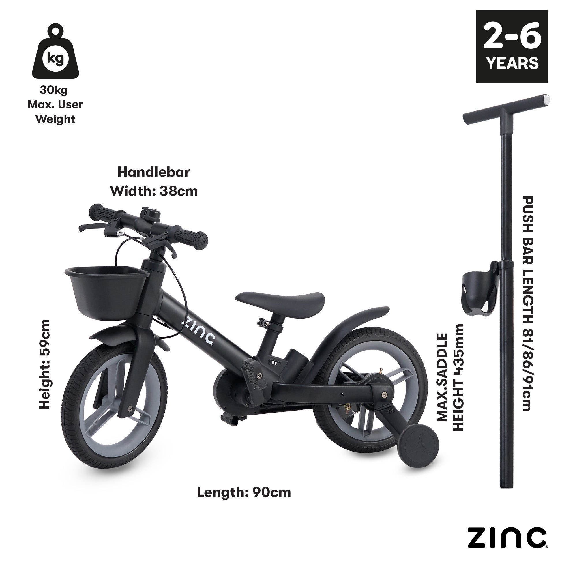 Black balance bike with measurement details on a white background, featuring the brand 'Zinc'.