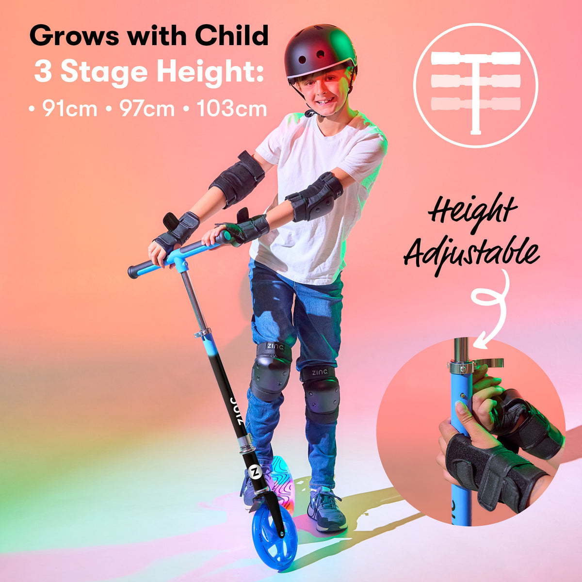 A child wearing a helmet and protective gear rides a blue and black adjustable kick scooter on a colorful gradient background. Text highlights the 3-stage height adjustability from 91cm to 103cm, with an inset showing the handlebar adjustment.