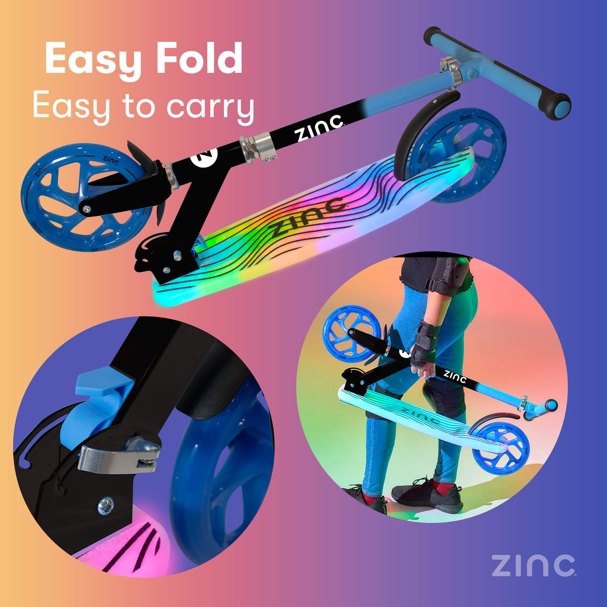 A foldable kids' scooter shown on a colorful gradient background with promotional text reading 'Easy Fold Easy to carry.' The main product view shows the scooter folded at an angle, with two circular inset close-ups and one inset showing a child using it.