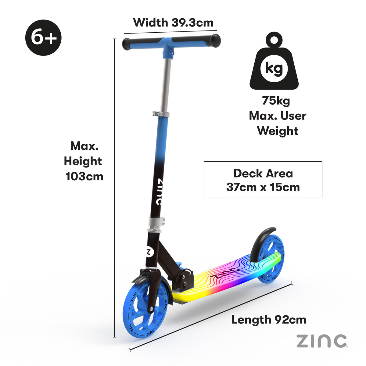 A step-through kick scooter with blue wheels, a black and blue frame, and a rainbow-colored deck, shown with measurement lines and text indicating dimensions, weight capacity, and age rating on a white background.