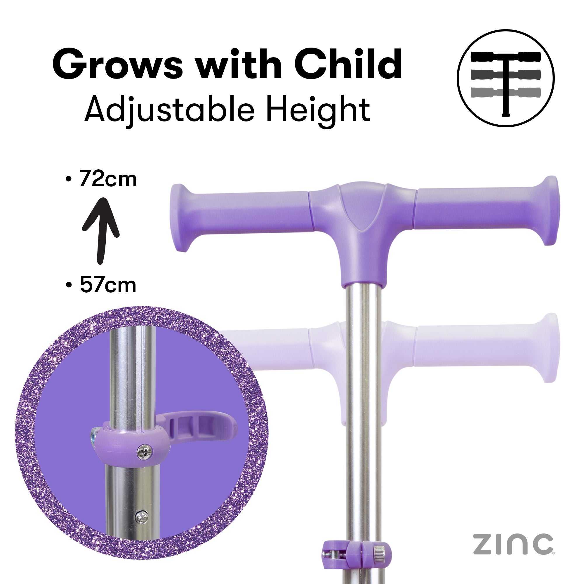 Purple adjustable height child's cane with measurement details on a white background, featuring the brand 'Zinc'.