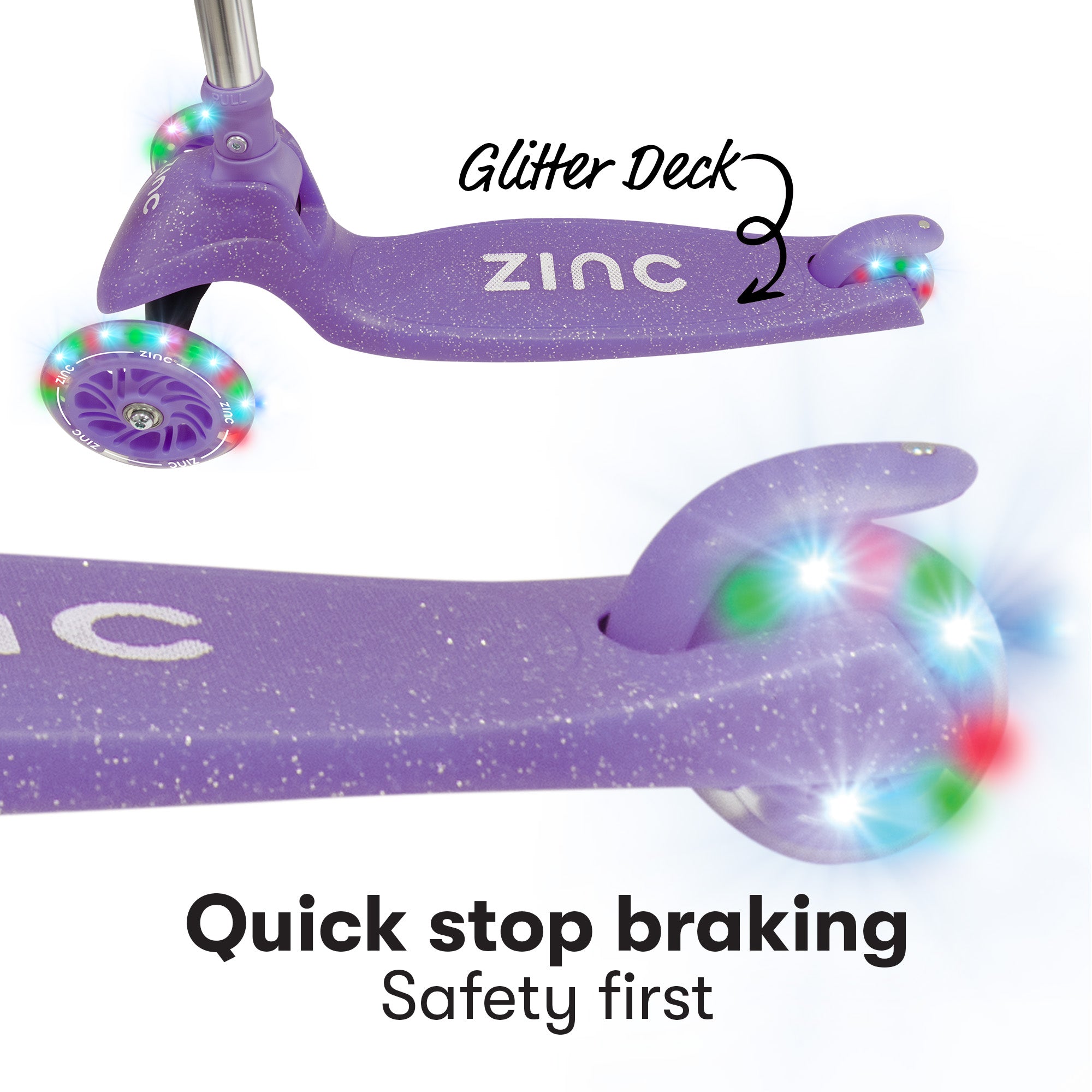 Purple scooter with glitter deck and LED wheels on a white background