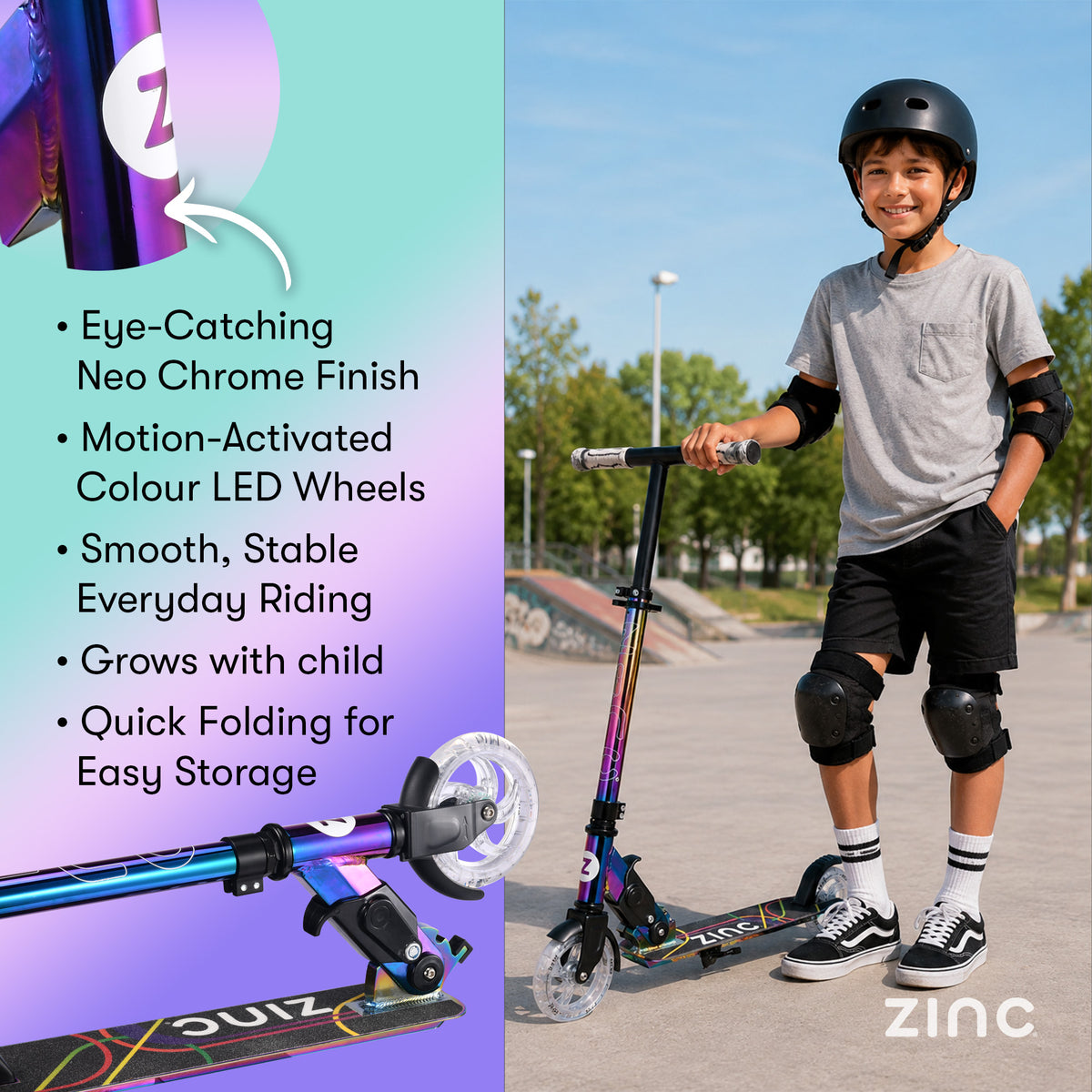 A child wearing a black helmet, gray t-shirt, and black shorts is riding the ZINC neochrome kick scooter outdoors at a skatepark. The left side features a graphic panel with product features and text highlighting the chrome finish, motion-activated LED wheels, and folding capability.