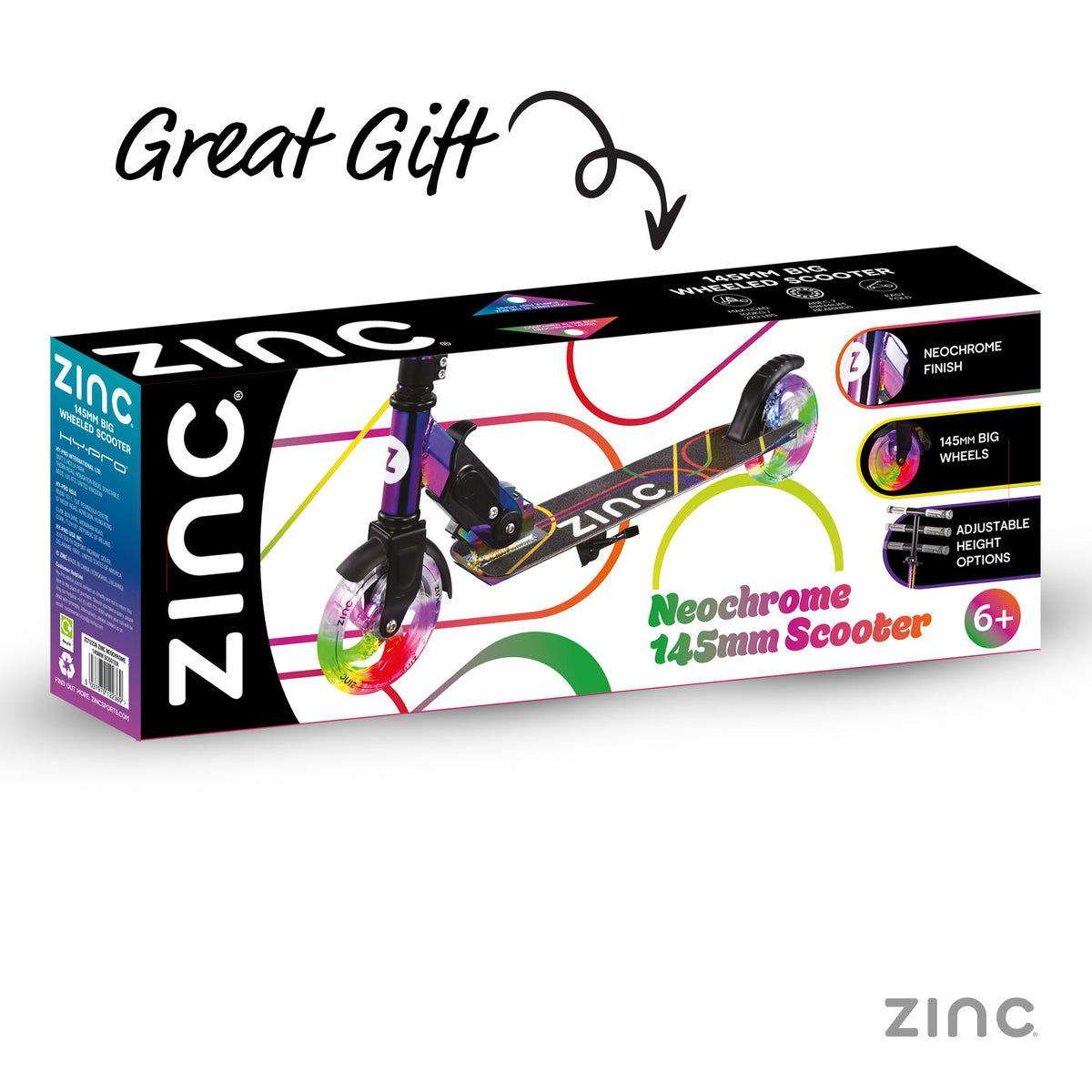 Zinc Neochrome 145mm Scooter gift box on a white background with a 'Great Gift' text overlay and arrow. The packaging features a black base with colorful graphic lines and a photo of the scooter.