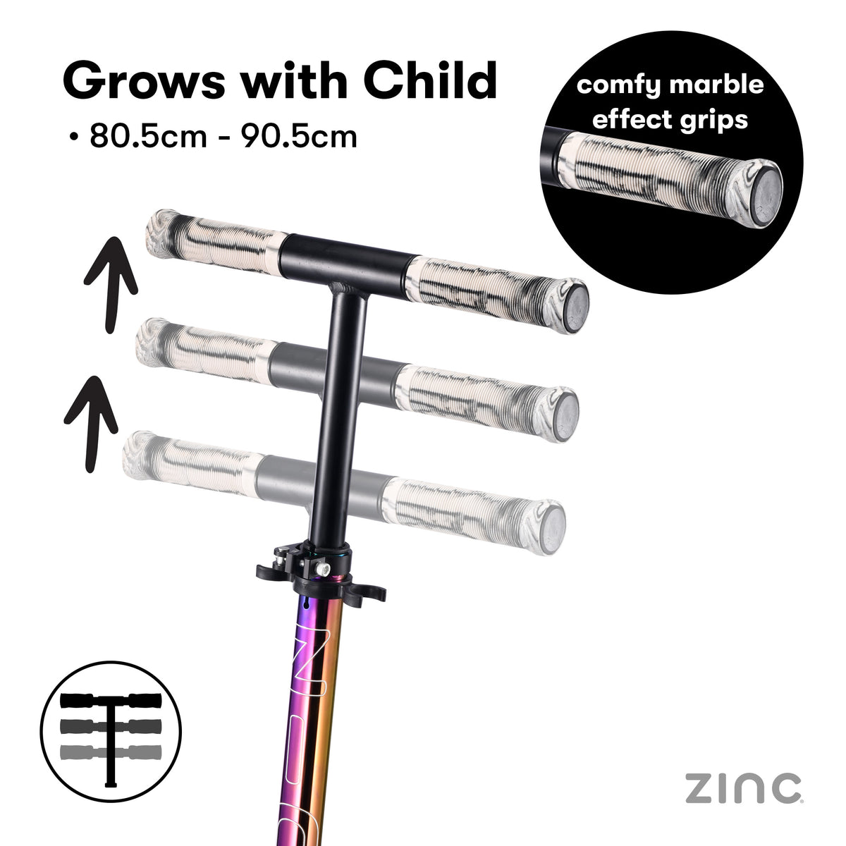 Adjustable T-bar handlebar grips for kids, shown in three sizes with arrows indicating height adjustment. The grips feature a textured marble effect in silver and white.