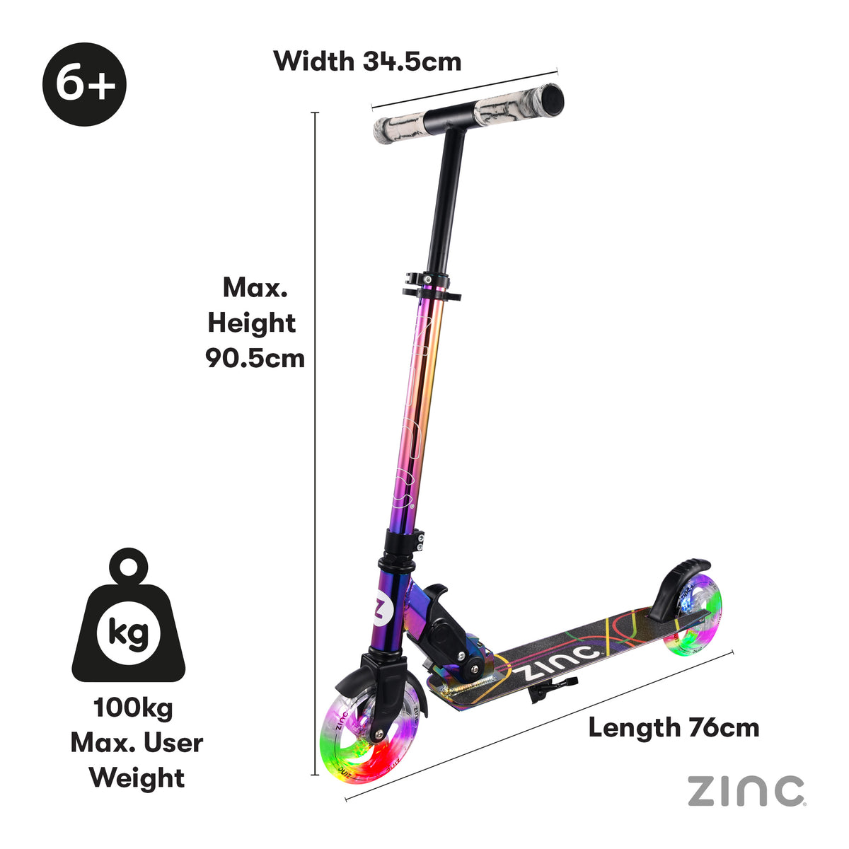 A children's kick scooter with colorful LED wheels, shown with dimension labels for width, height, and length, plus a weight icon stating 100kg max user weight. The brand name ZINC appears on the deck and in the bottom right corner.