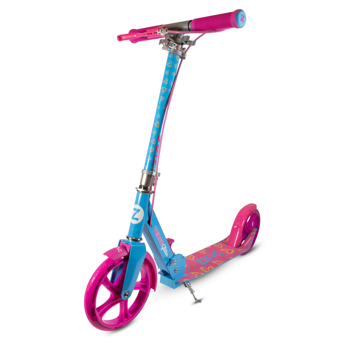 A kids' big wheel kick scooter with a bright blue frame and pink wheels, handlebars, and deck accents, shown on a plain white background.