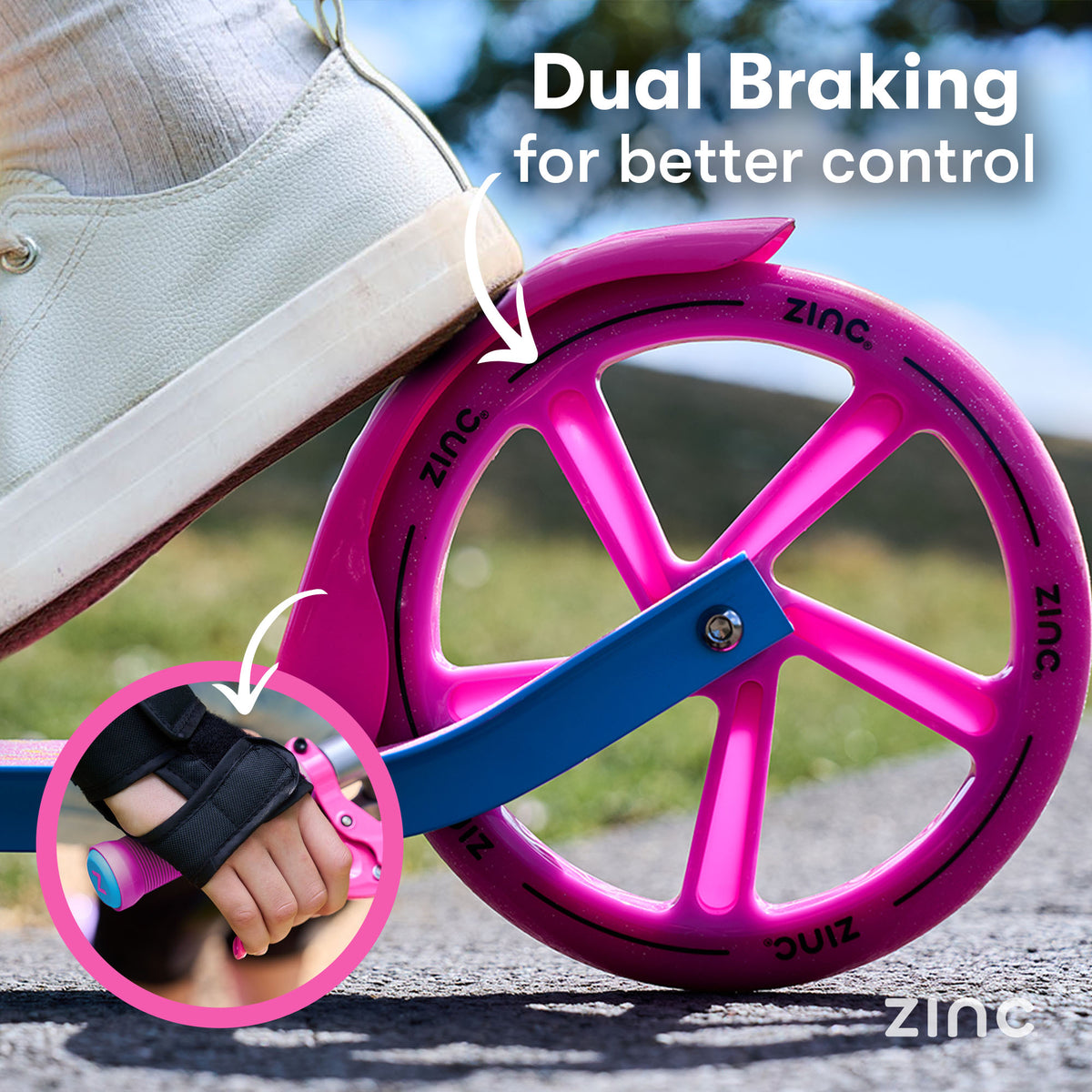Close-up of a bright pink zinc-branded wheel with a blue metal arm and a white sneaker pressing against it, with text reading 'Dual Braking for better control' and a circular inset showing a hand wearing a black wrist strap.